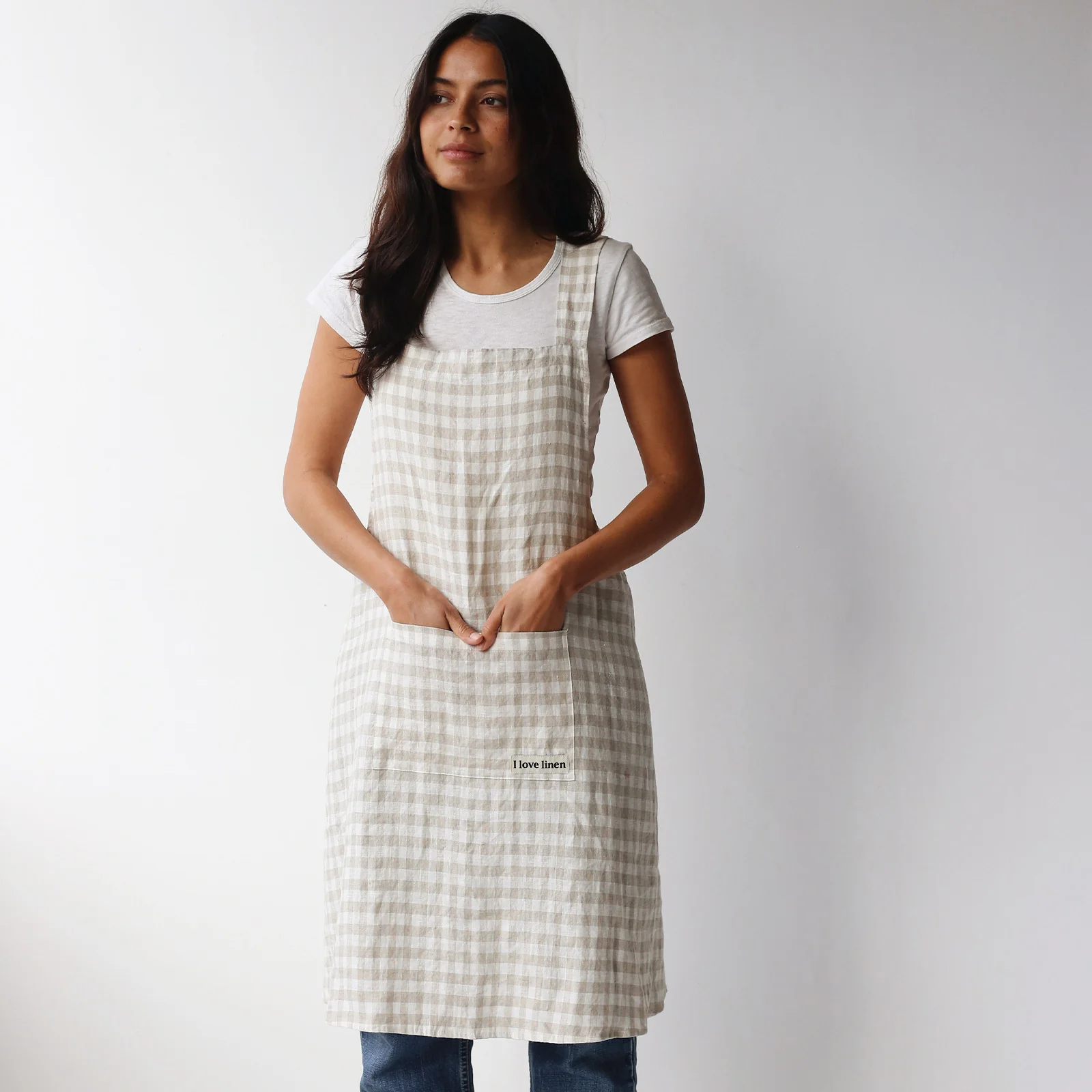 French Flax Linen Apron in Beige Gingham - Image 3