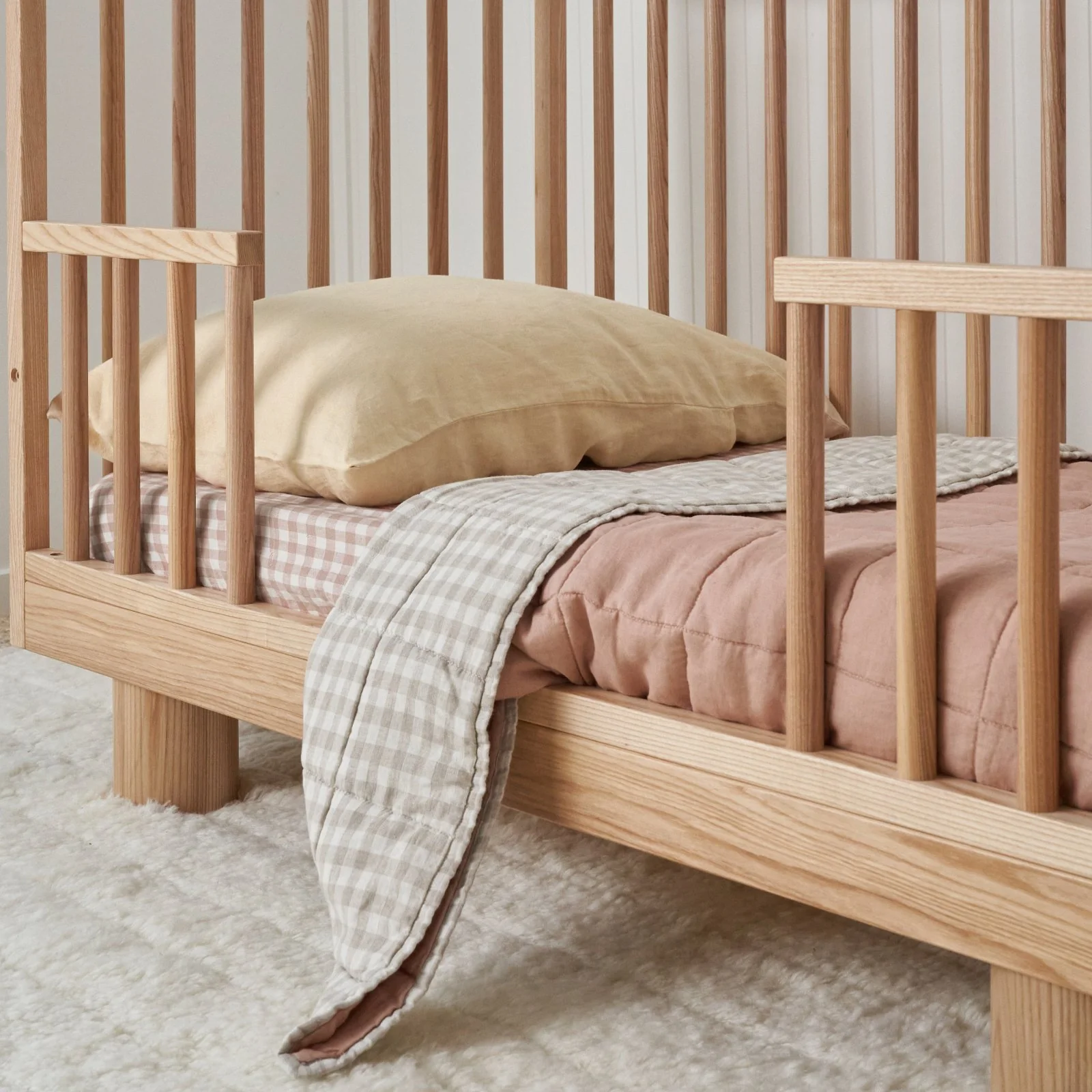 French Flax Linen Cot Quilt/Play Mat in Clay/Beige Gingham - Image 5