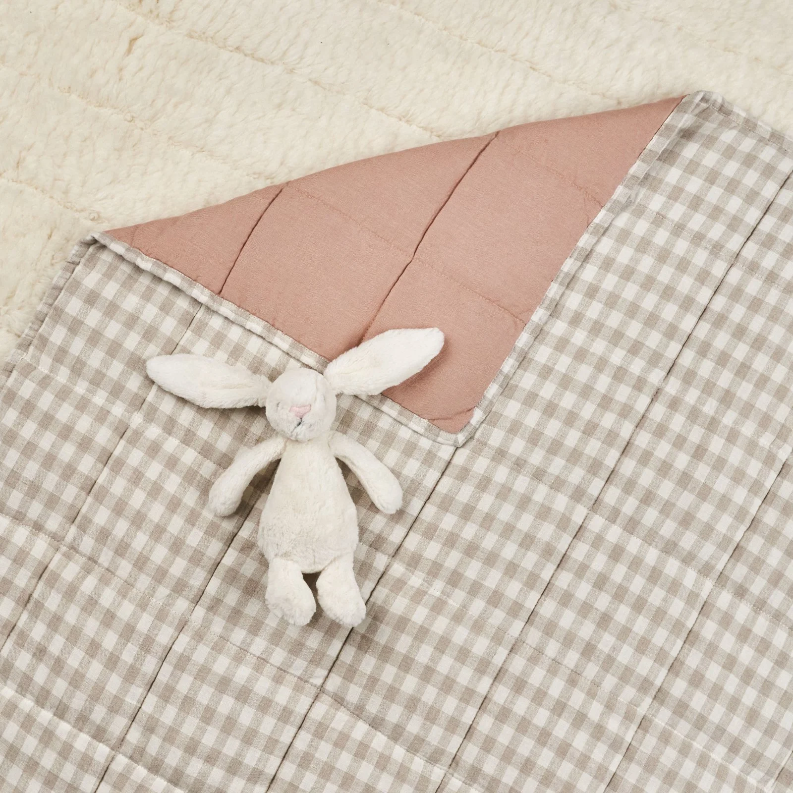 French Flax Linen Cot Quilt/Play Mat in Clay/Beige Gingham - Image 8