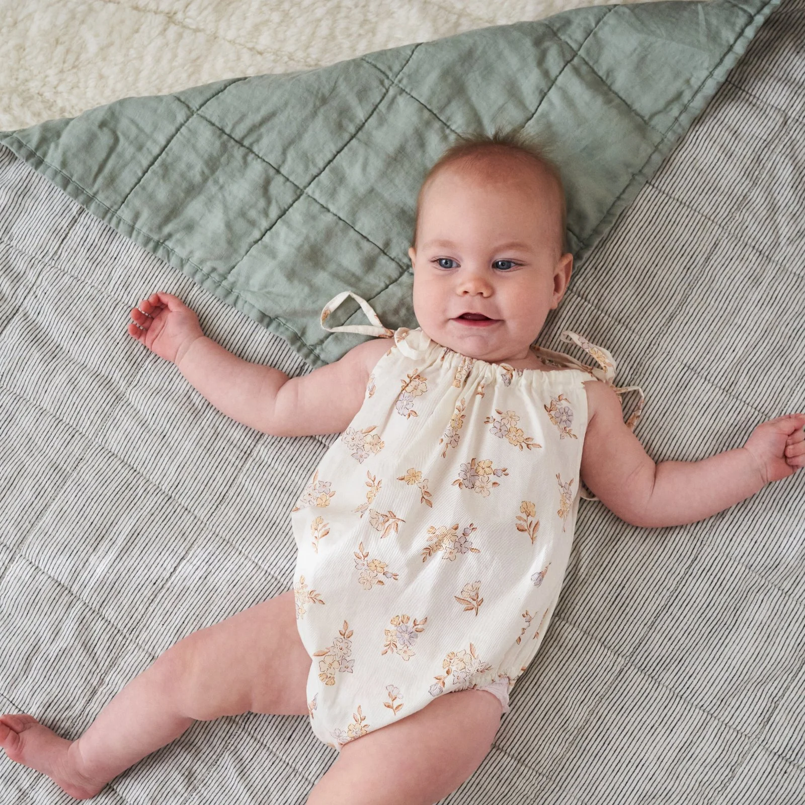French Flax Linen Cot Quilt/Play Mat in Sage/Pinstripe - Image 12