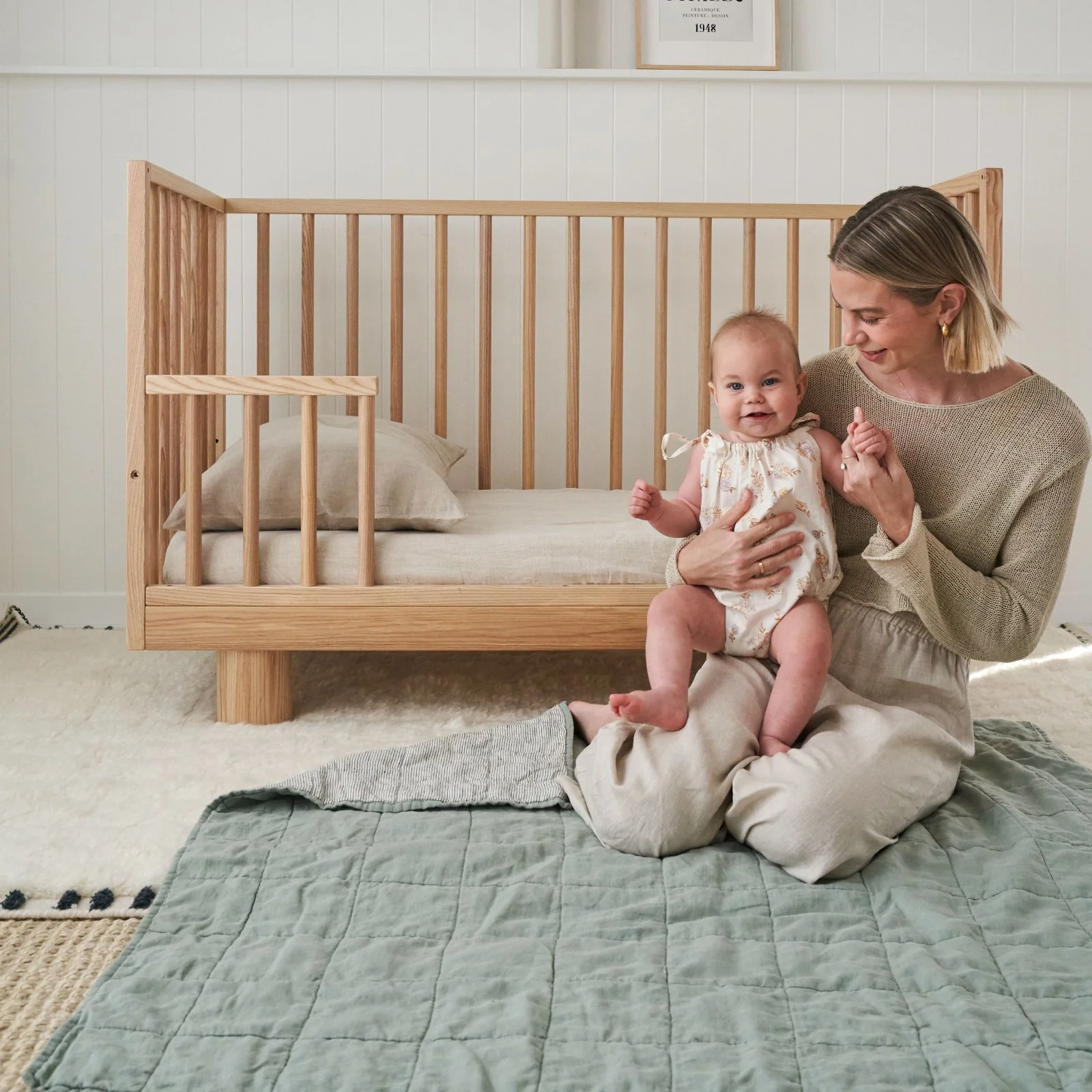 French Flax Linen Cot Quilt/Play Mat in Sage/Pinstripe - Image 15