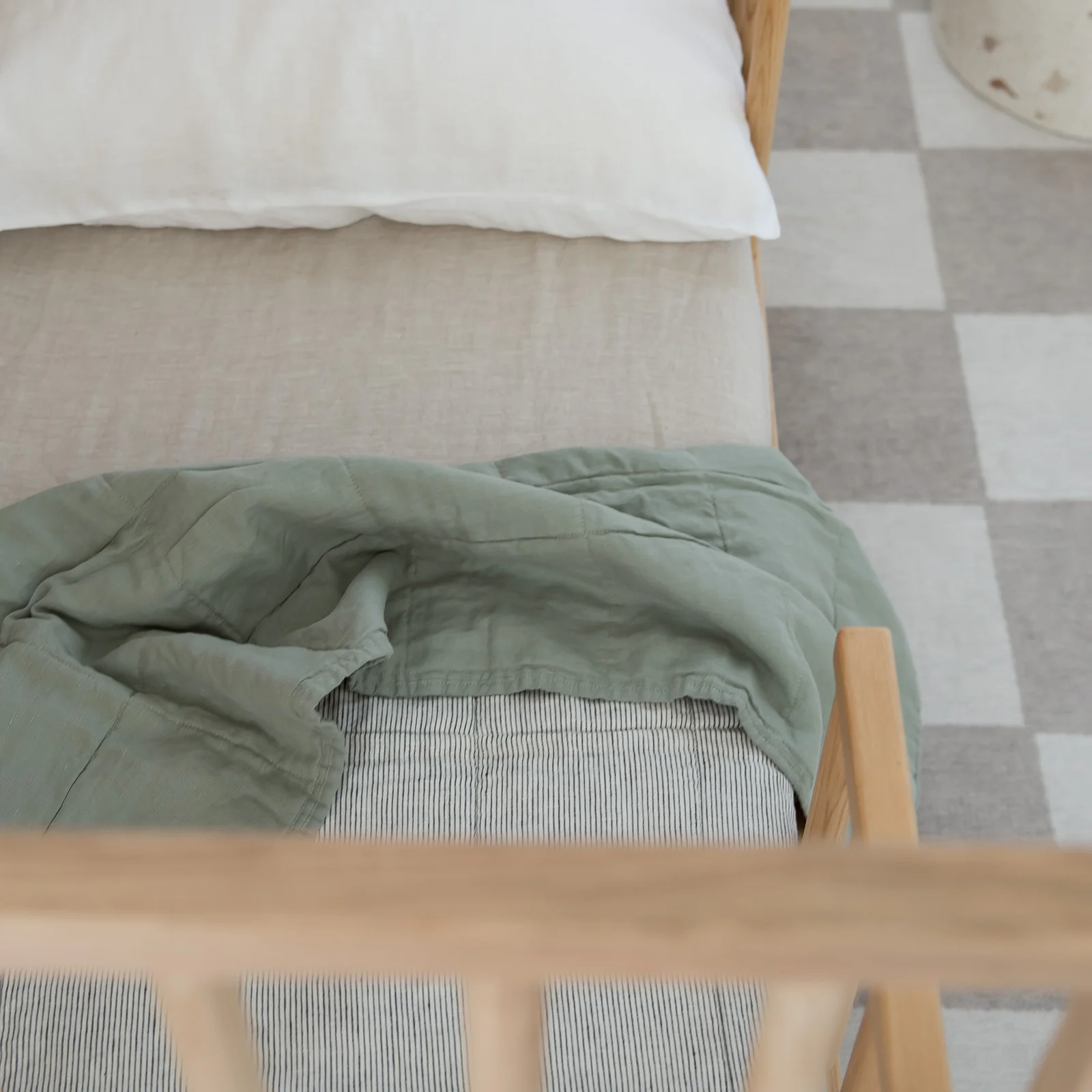 French Flax Linen Cot Quilt/Play Mat in Sage/Pinstripe - Image 16