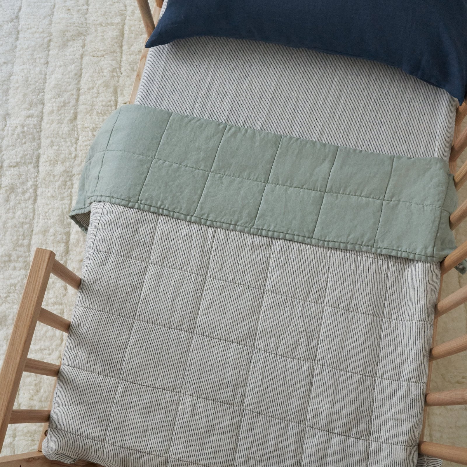French Flax Linen Cot Quilt/Play Mat in Sage/Pinstripe - Image 4