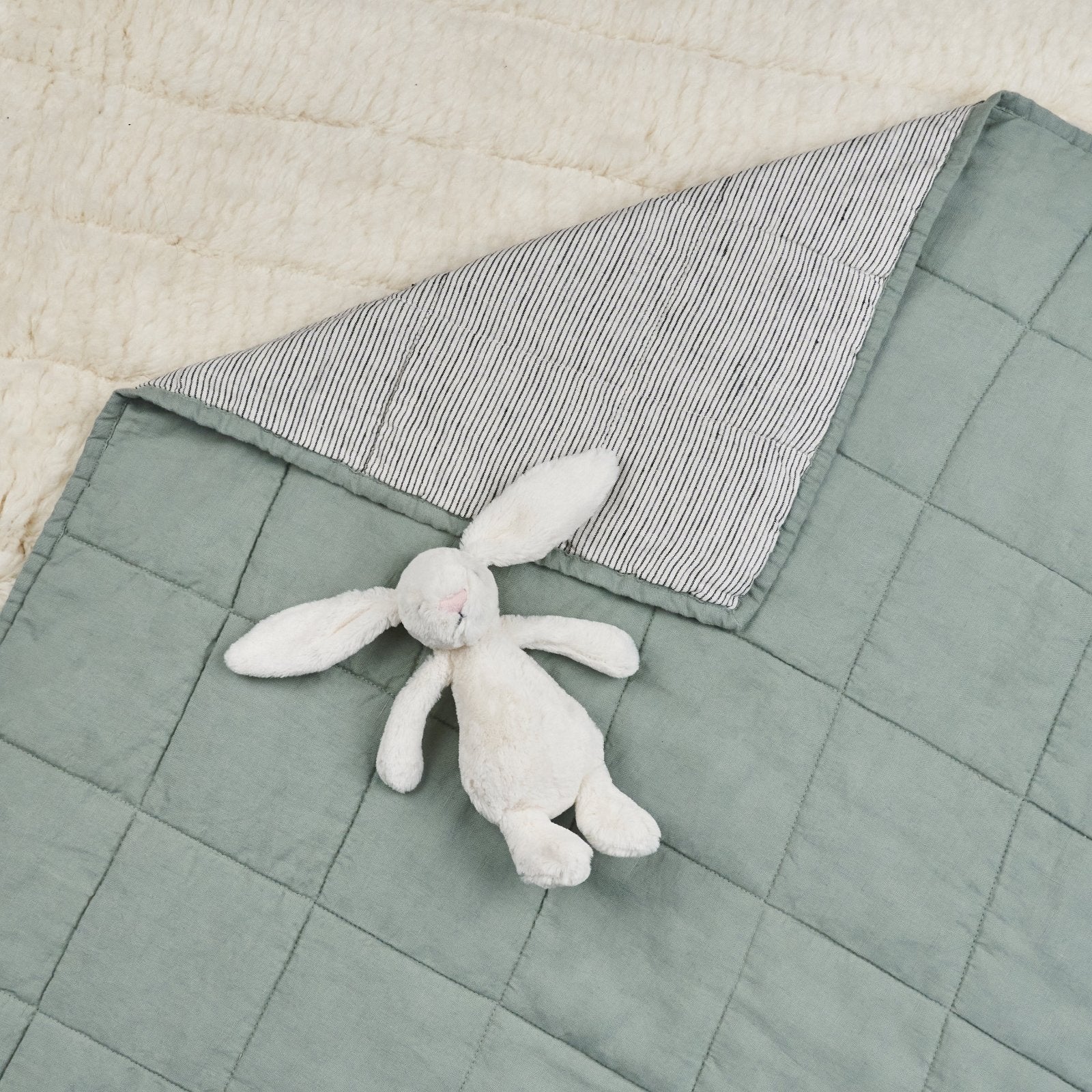 French Flax Linen Cot Quilt/Play Mat in Sage/Pinstripe - Image 8