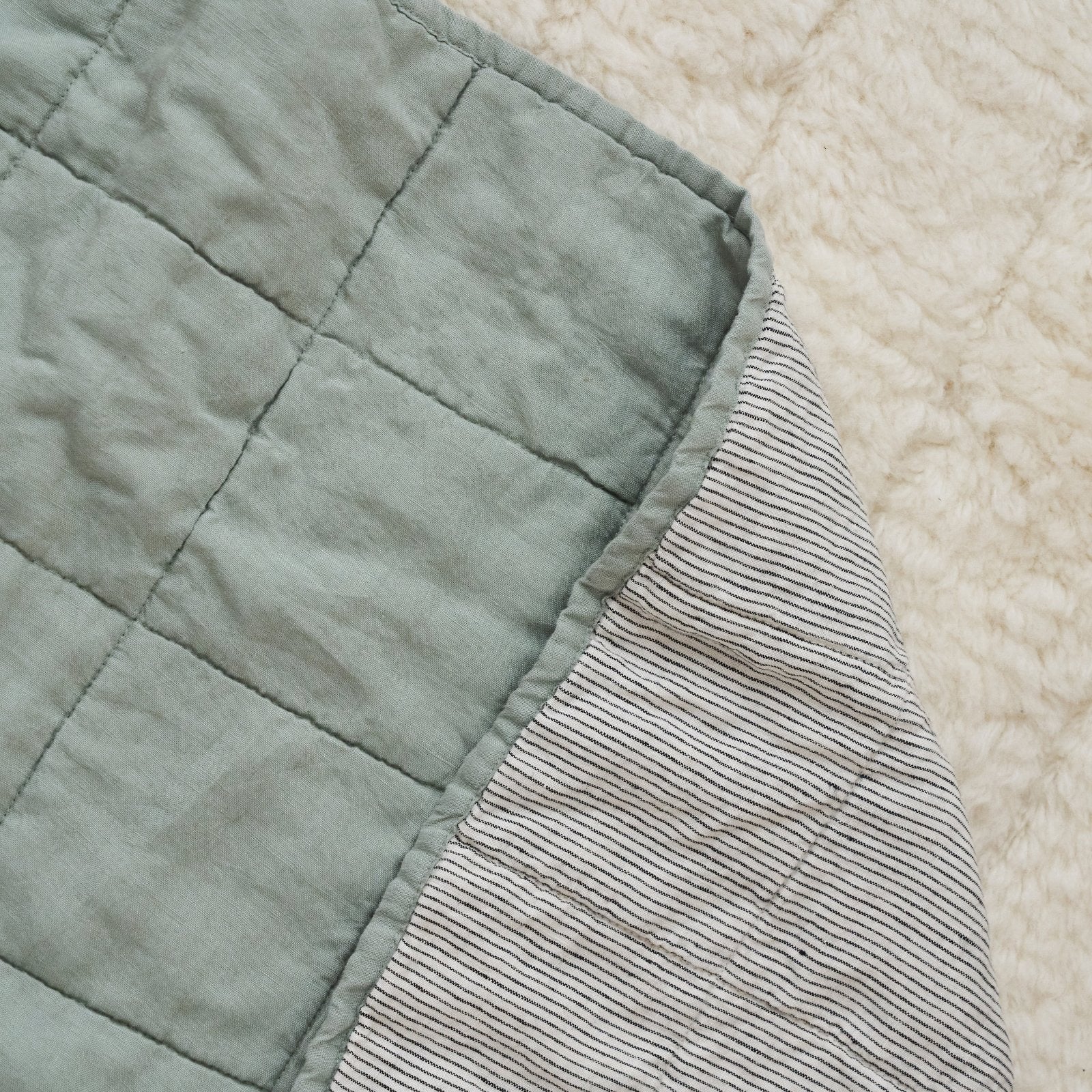 French Flax Linen Cot Quilt/Play Mat in Sage/Pinstripe - Image 9