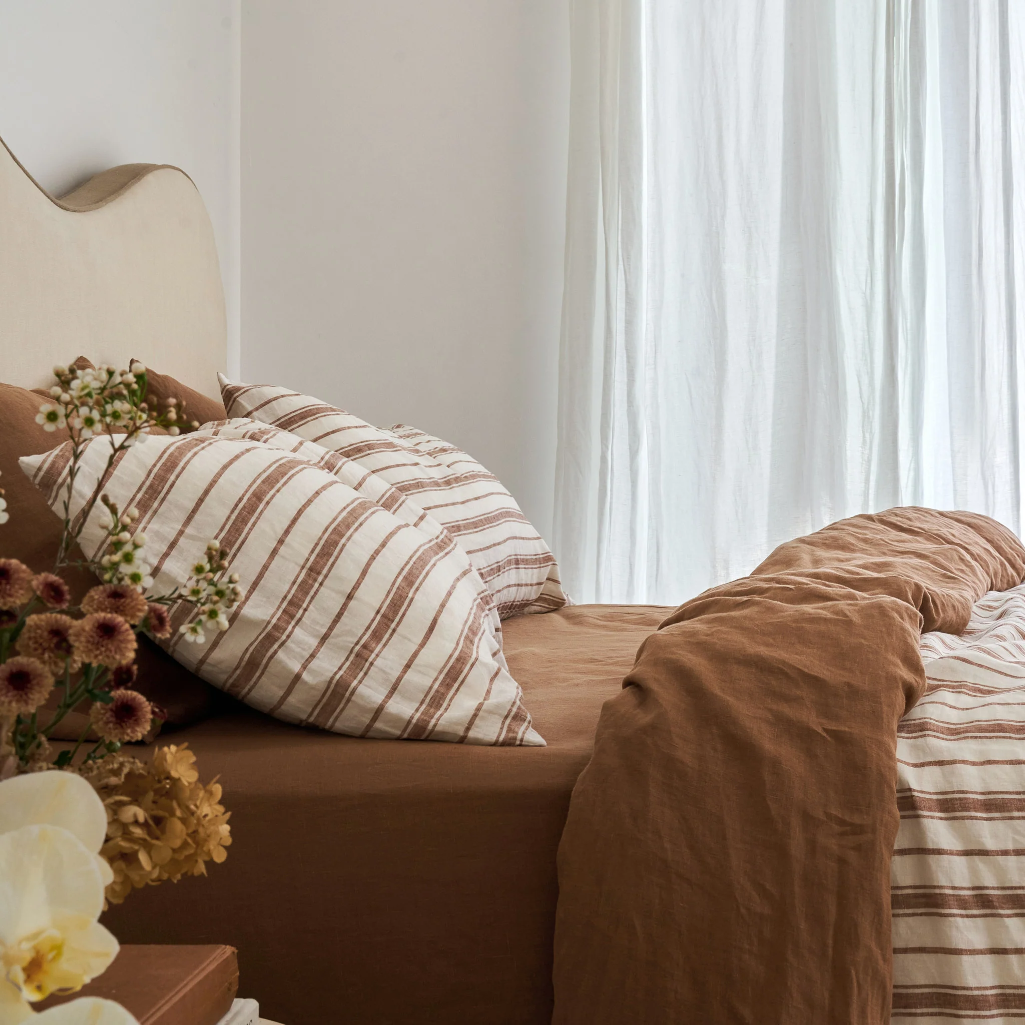 French Flax Linen Double Sided Quilt Cover in Hazelnut/Hazelnut Stripe - Image 8