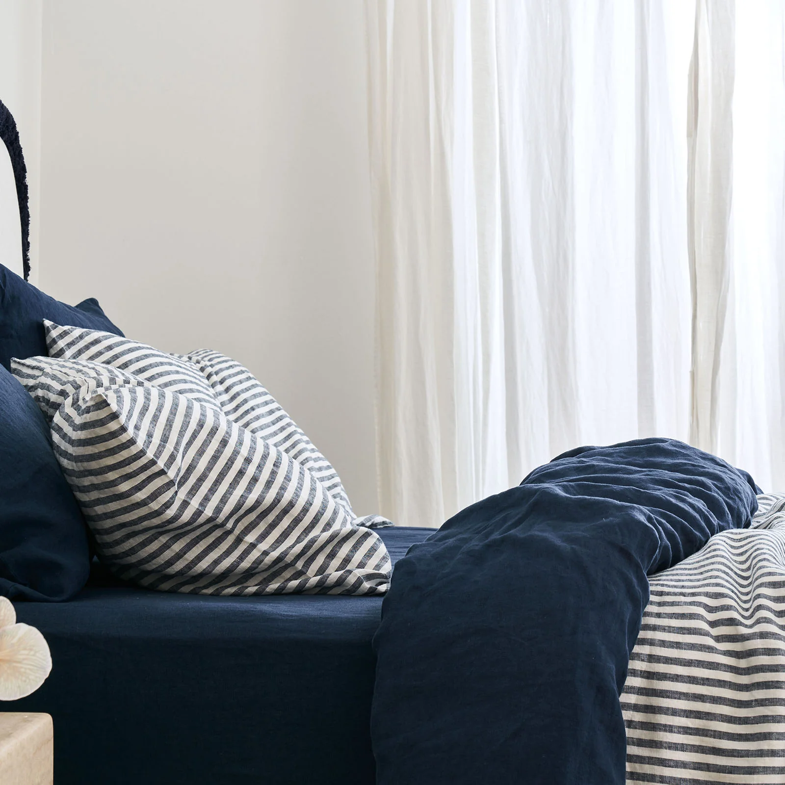 French Flax Linen Double Sided Quilt Cover in Indigo/Indigo Stripe - Image 10