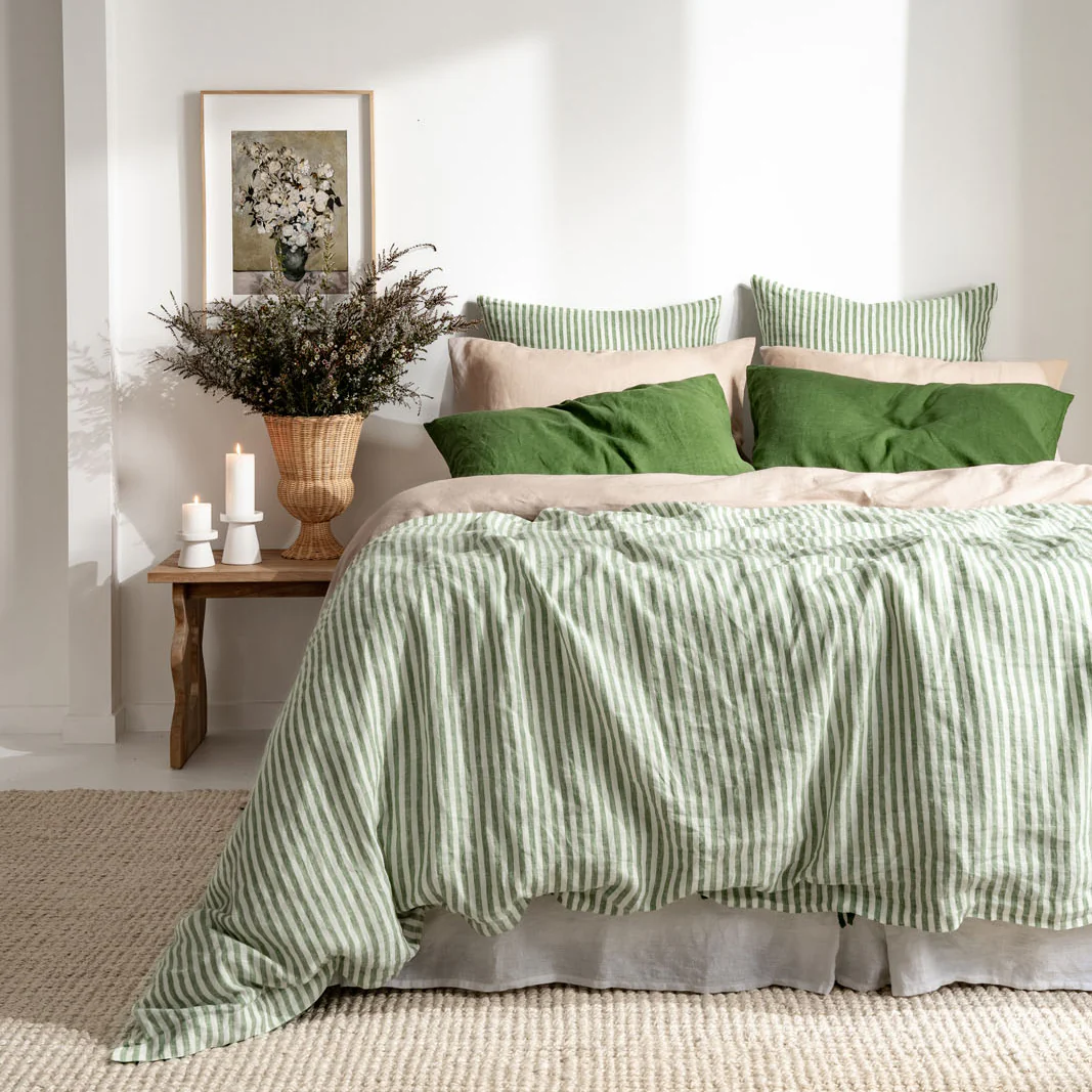 French Flax Linen Double Sided Quilt Cover in Ivy/Ivy Stripe - Image 12