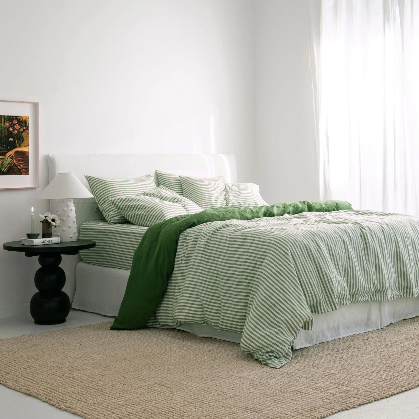 French Flax Linen Double Sided Quilt Cover in Ivy/Ivy Stripe - Image 5