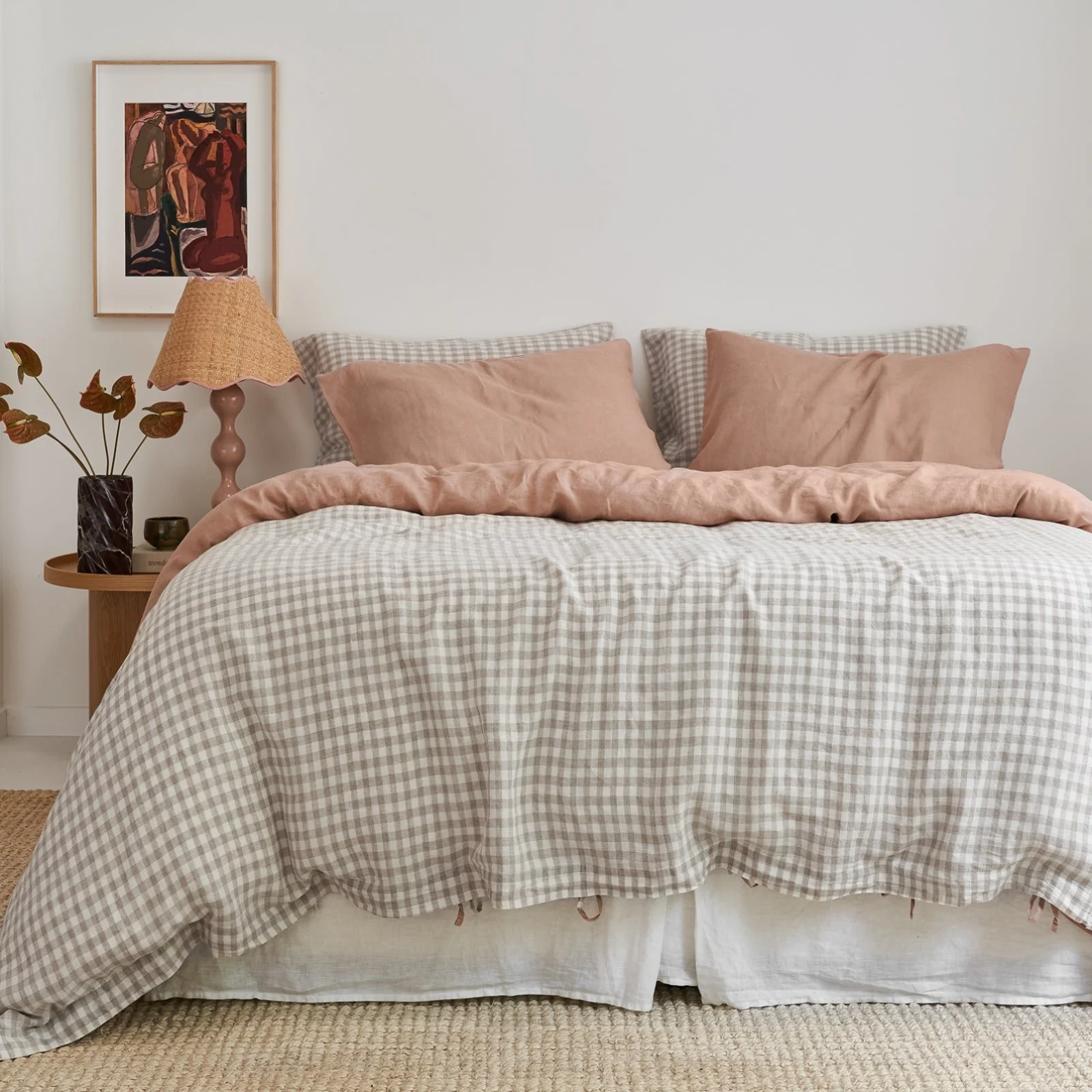 French Flax Linen Double Sided Quilt Cover Set in Clay/Beige Gingham - Image 4