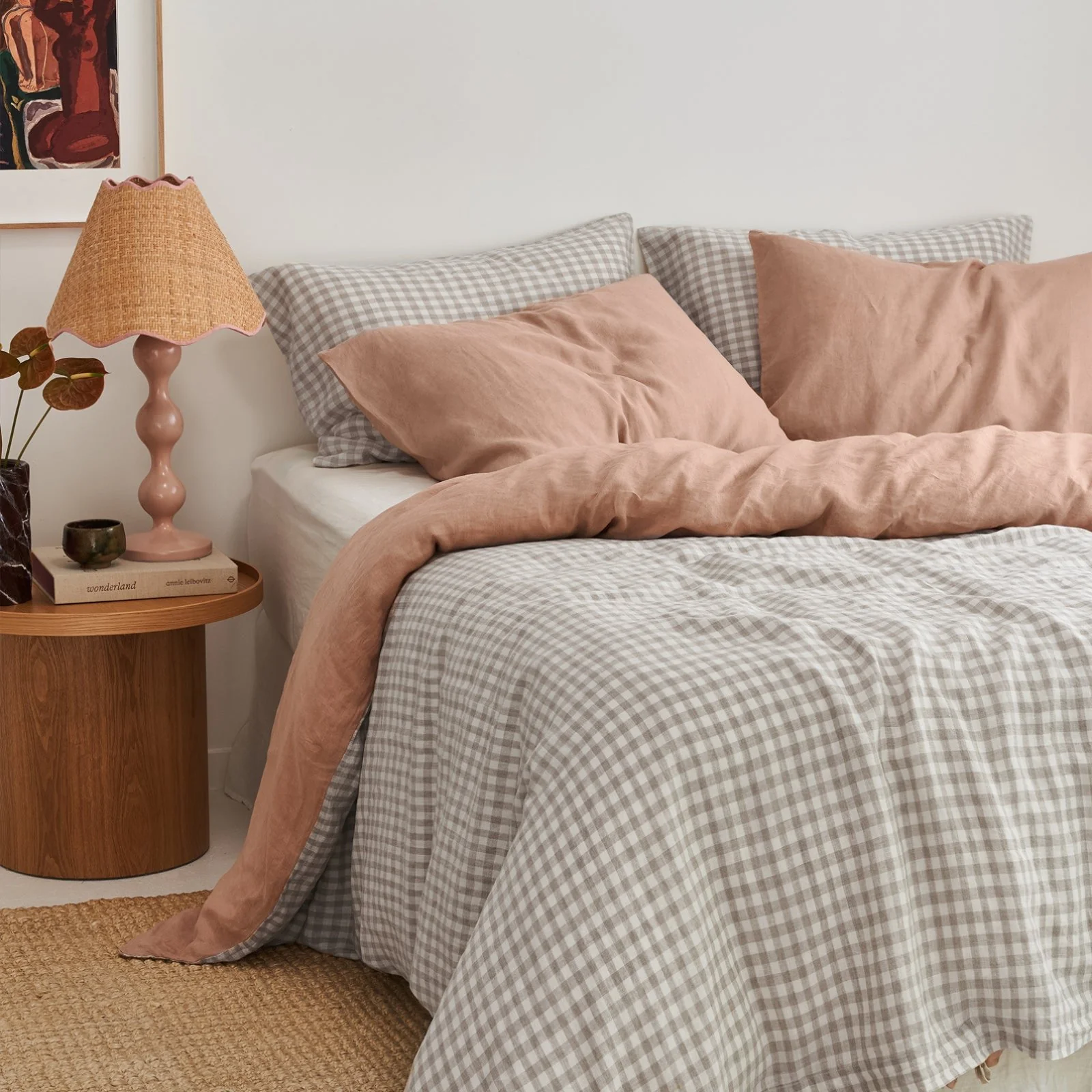 French Flax Linen Double Sided Quilt Cover Set in Clay/Beige Gingham - Image 6