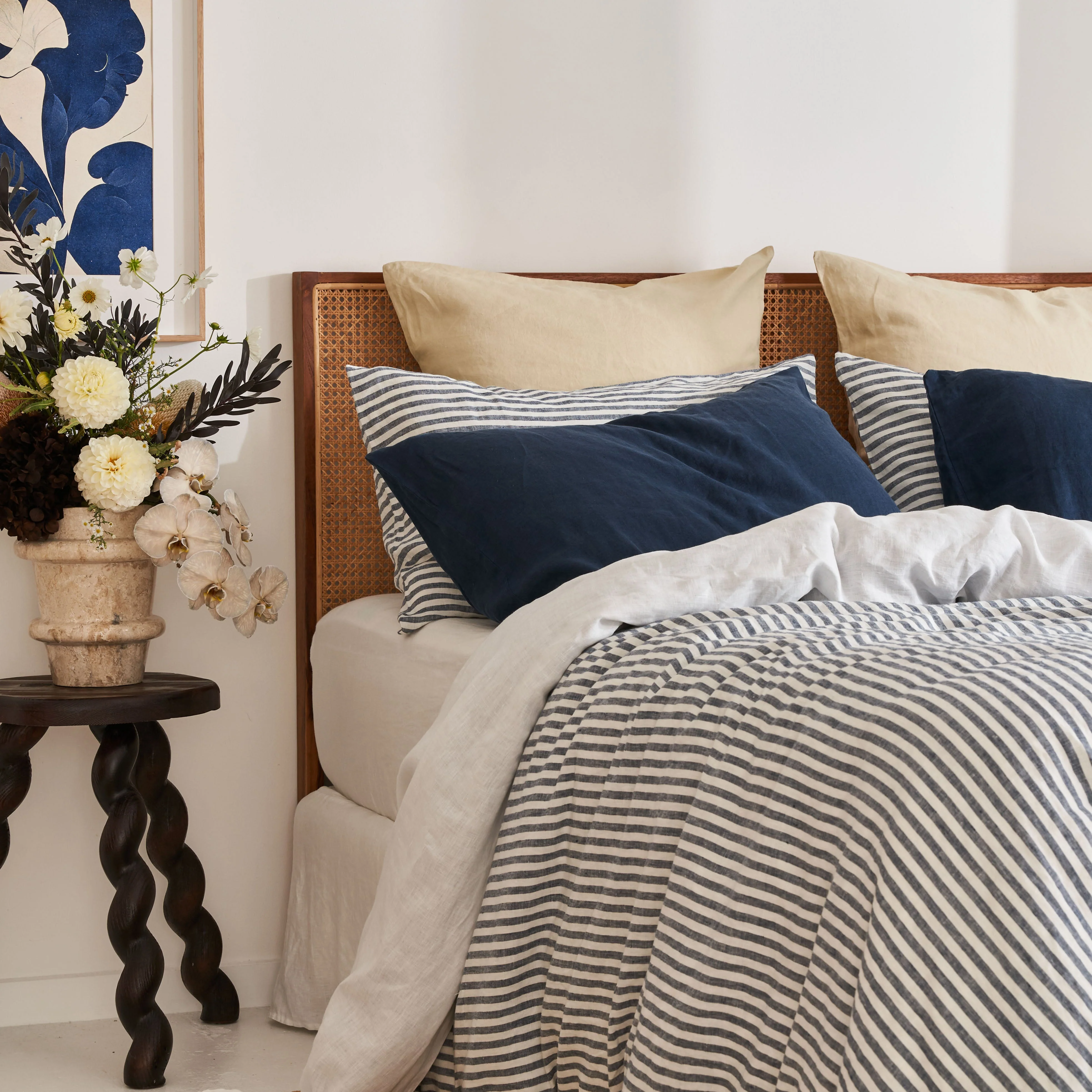 French Flax Linen Double Sided Quilt Cover Set in Indigo/Indigo Stripe - Image 12