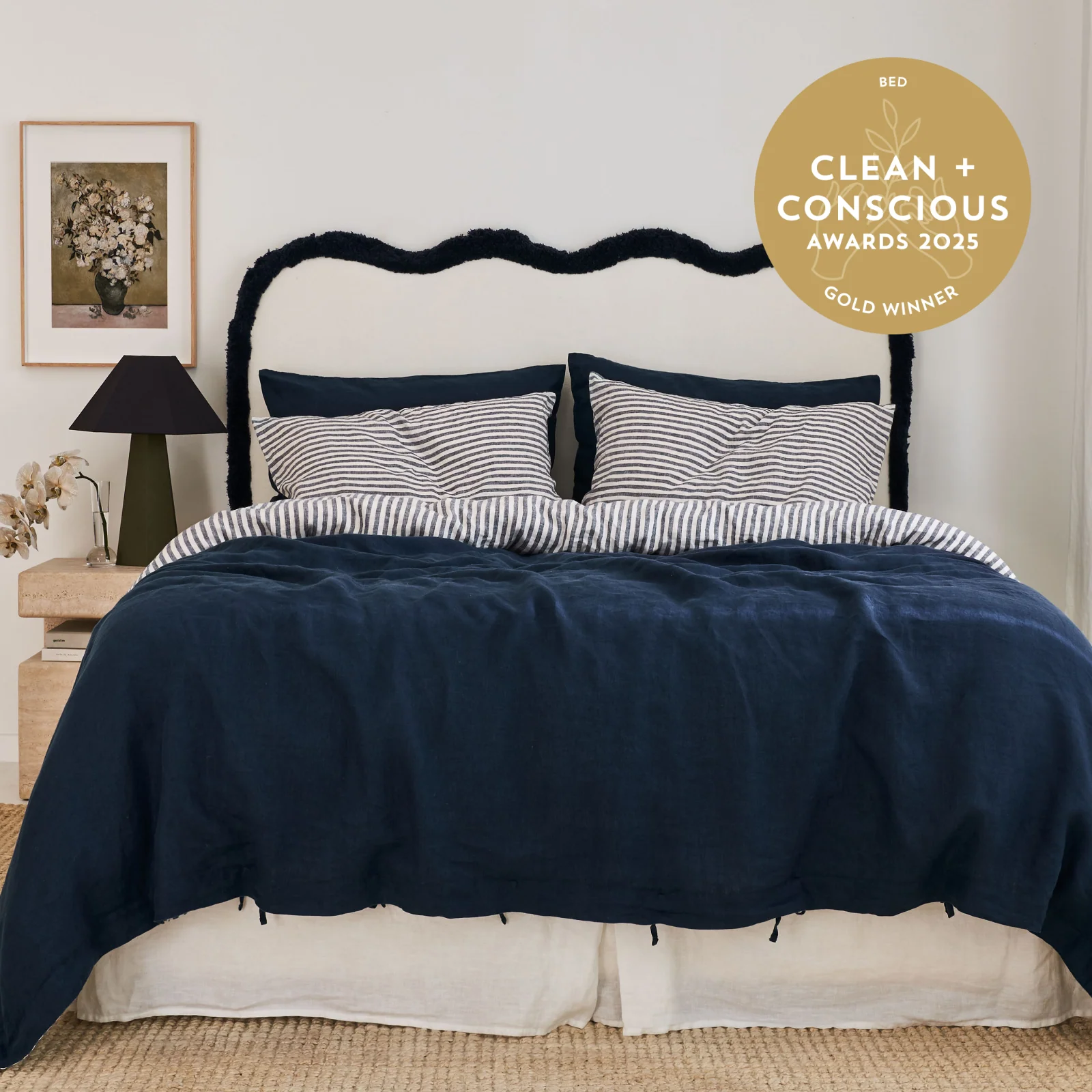 French Flax Linen Double Sided Quilt Cover Set in Indigo/Indigo Stripe - Image 3