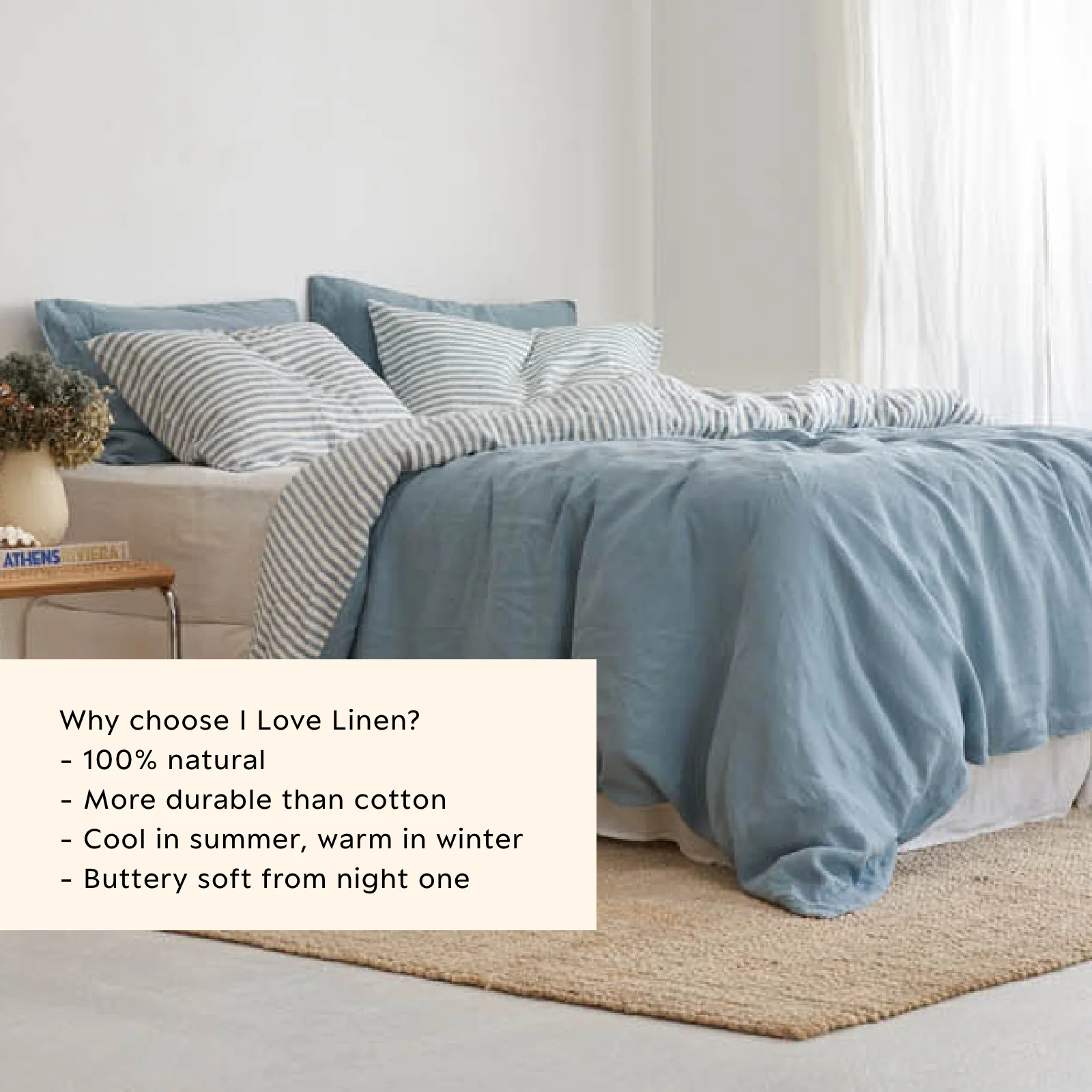 French Flax Linen Double Sided Quilt Cover Set in Marine Blue/Marine Blue Stripe - Image 6