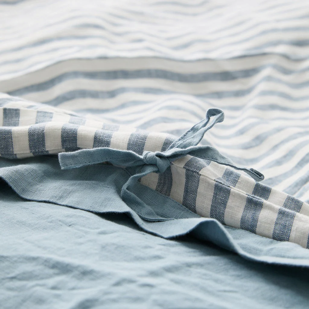 French Flax Linen Double Sided Quilt Cover Set in Marine Blue/Marine Blue Stripe - Image 7
