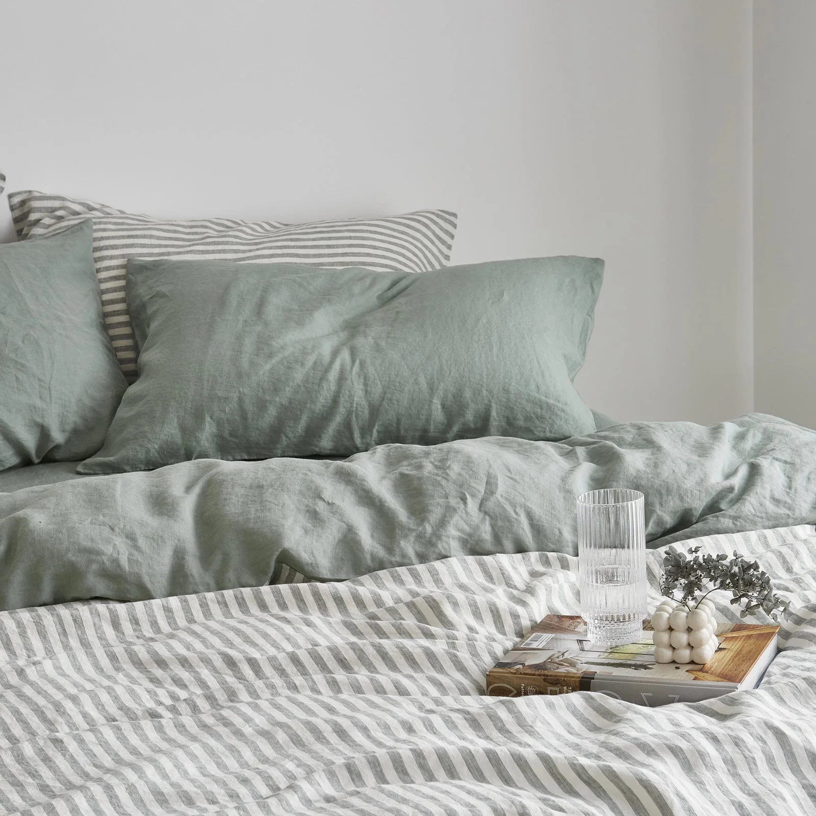 French Flax Linen Double Sided Quilt Cover Set in Sage/Sage Stripe - Image 6