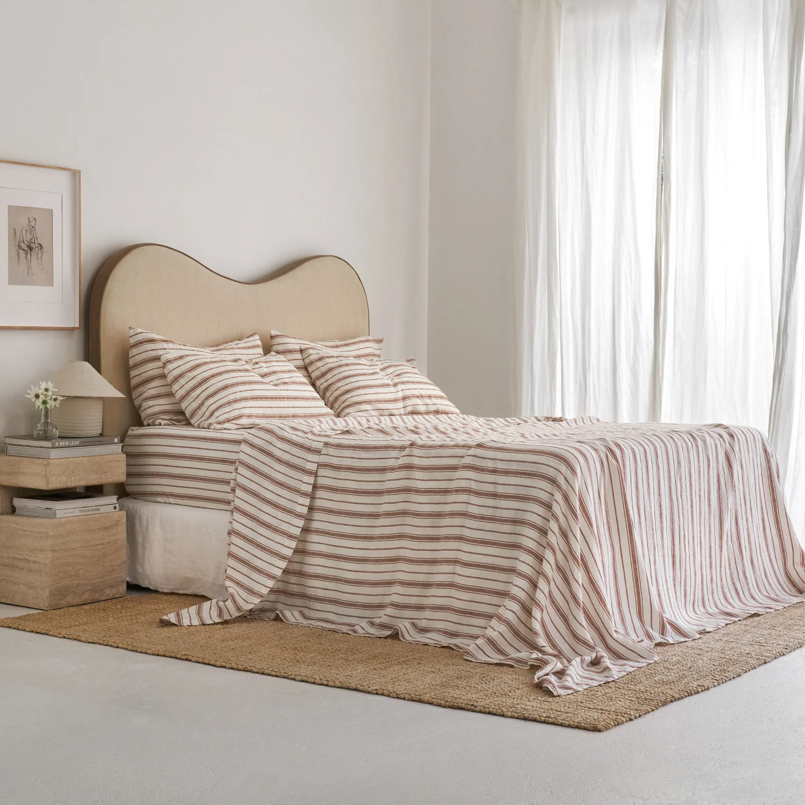 French Flax Linen Flat Sheet in Hazelnut Stripe - Image 3
