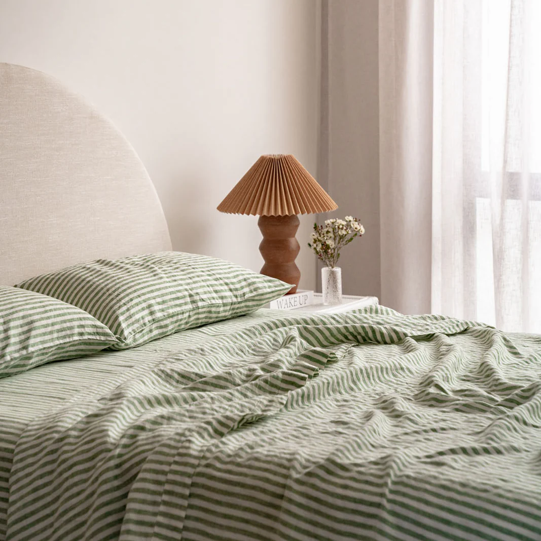French Flax Linen Flat Sheet in Ivy Stripe - Image 9