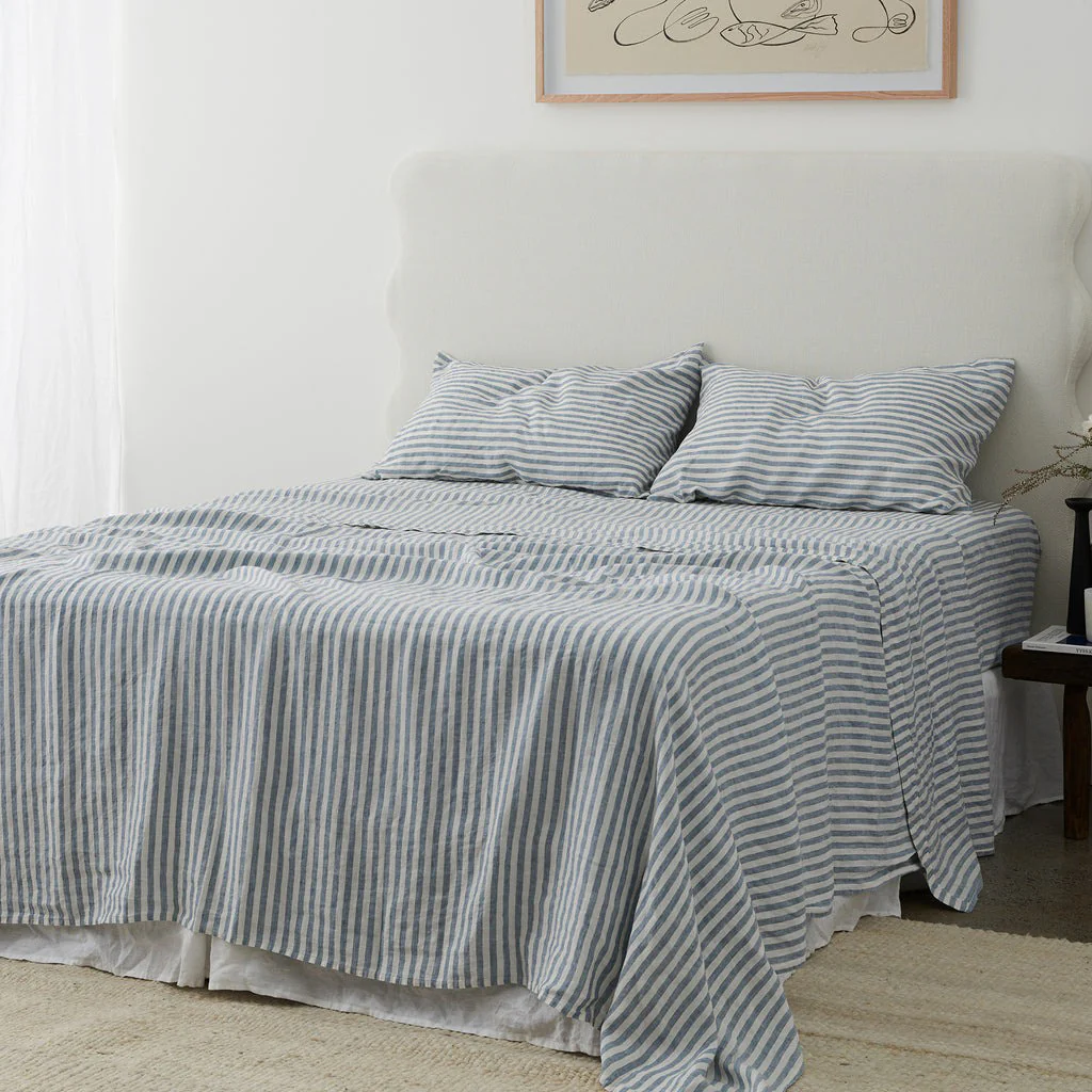 French Flax Linen Flat Sheet in Marine Blue Stripe - Image 5