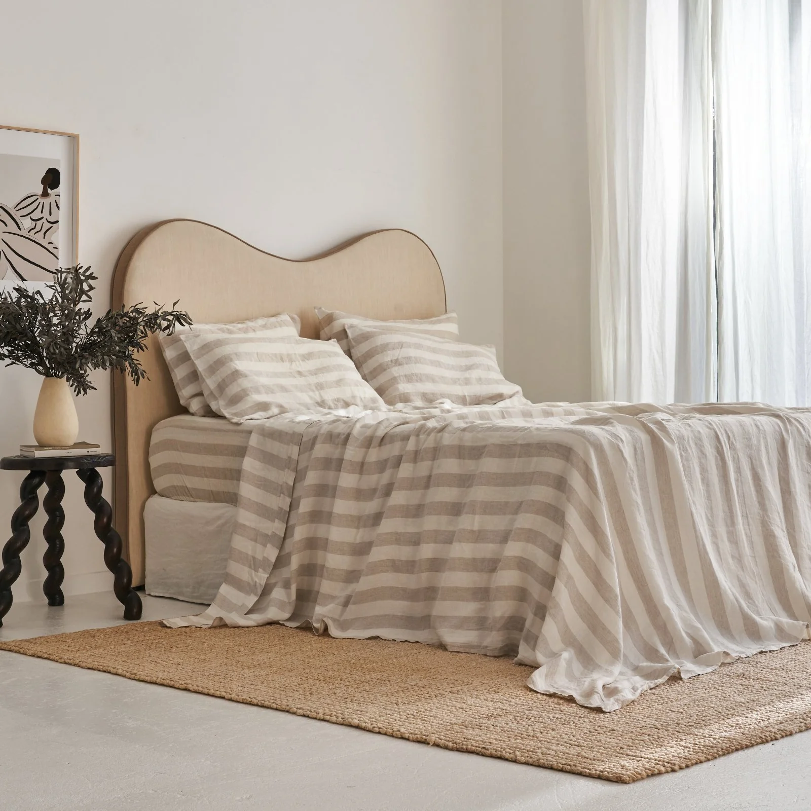 French Flax Linen Flat Sheet in Natural Thick Stripe - Image 4