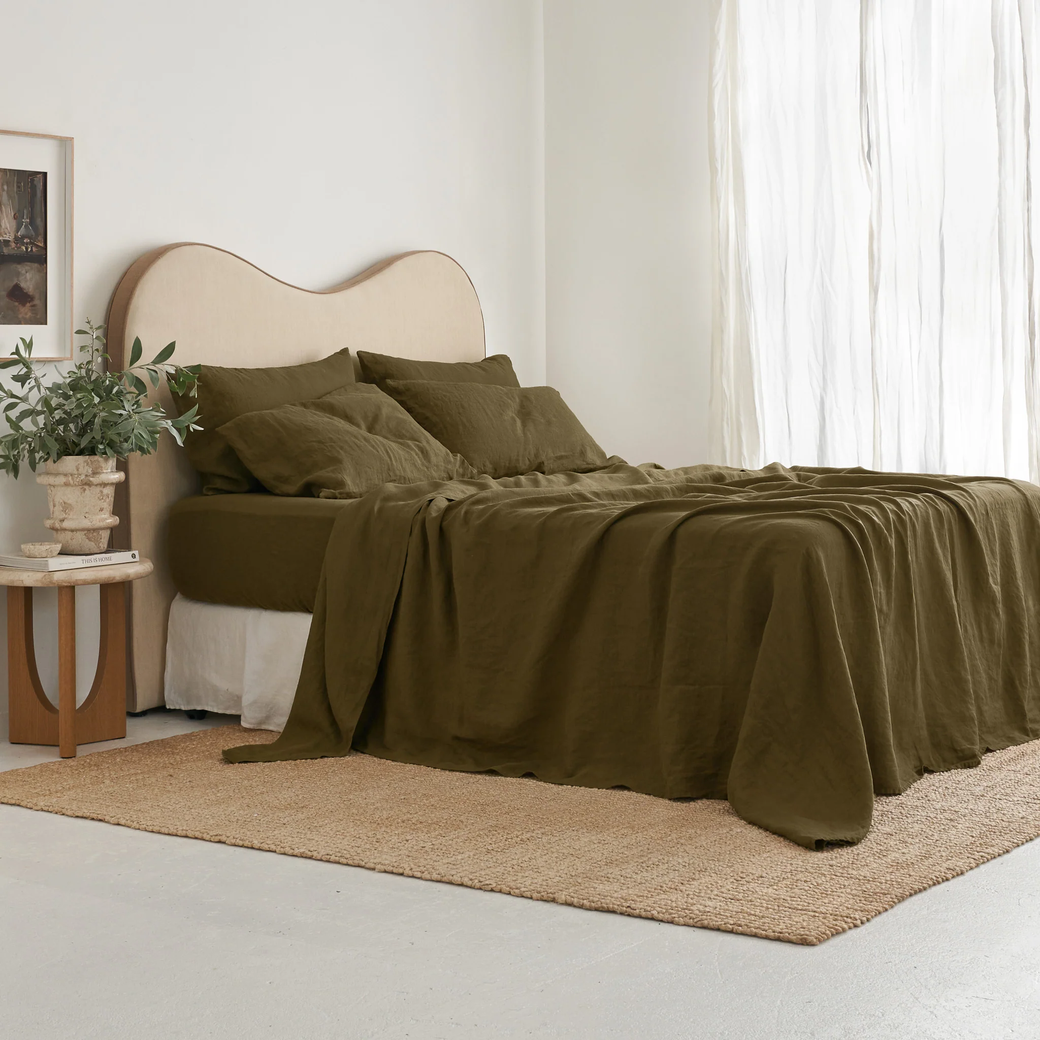 French Flax Linen Flat Sheet in Olive - Image 2