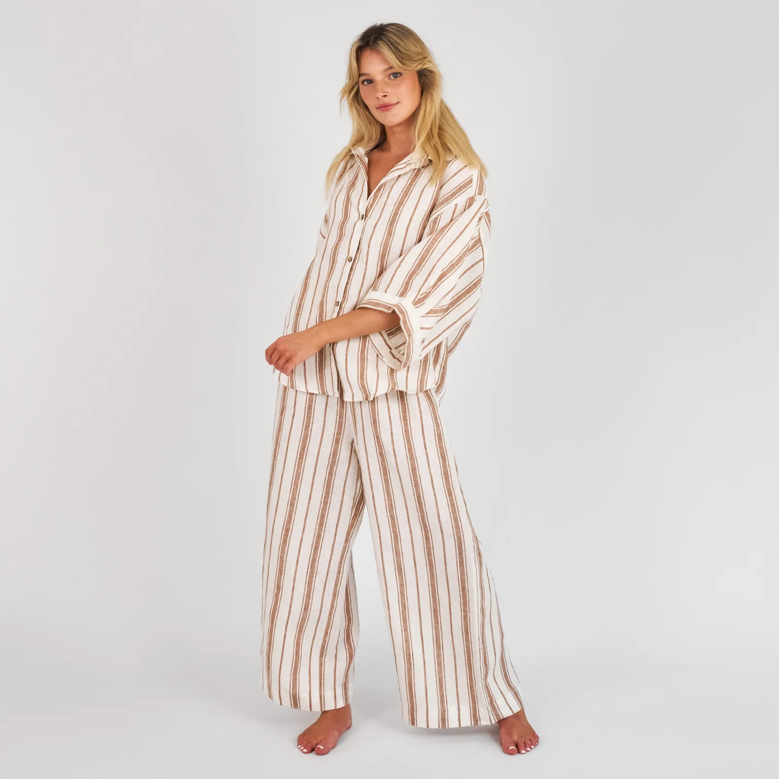 French Flax Linen Lounge Pant in Hazelnut Stripe - Image 2