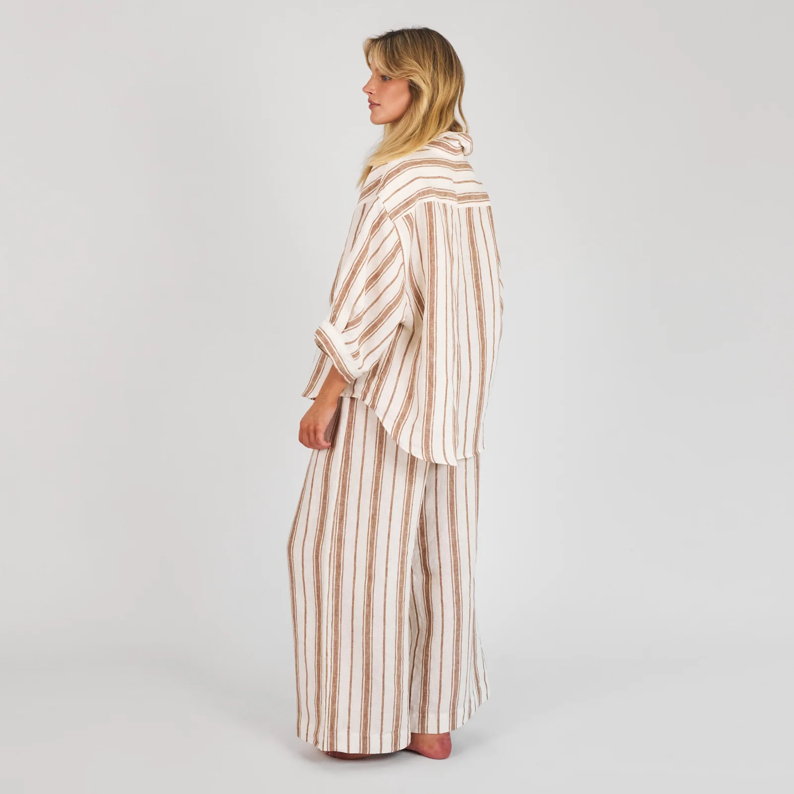 French Flax Linen Lounge Pant in Hazelnut Stripe - Image 3