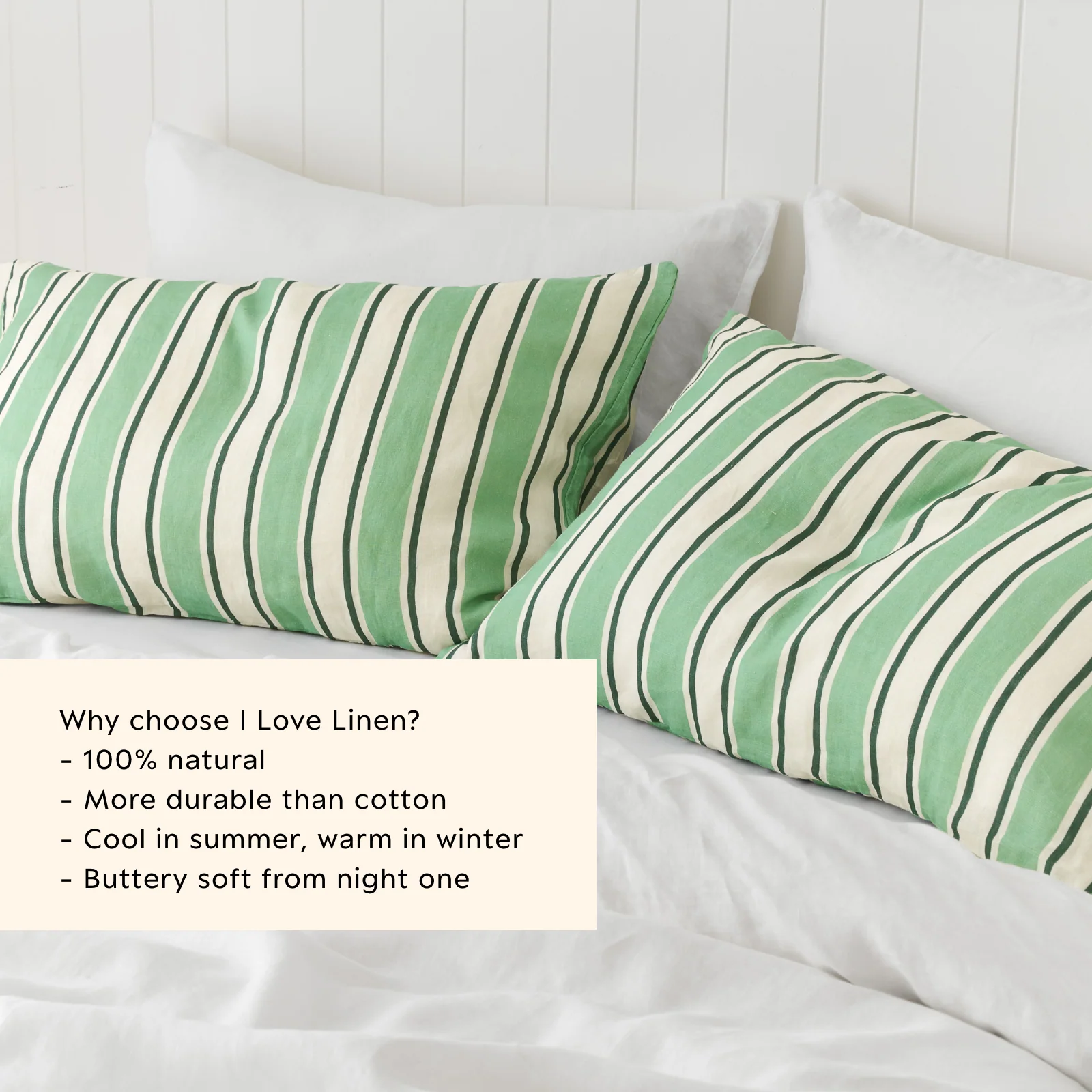 French Flax Linen Pillowcase Set in Green Stripe - Image 3