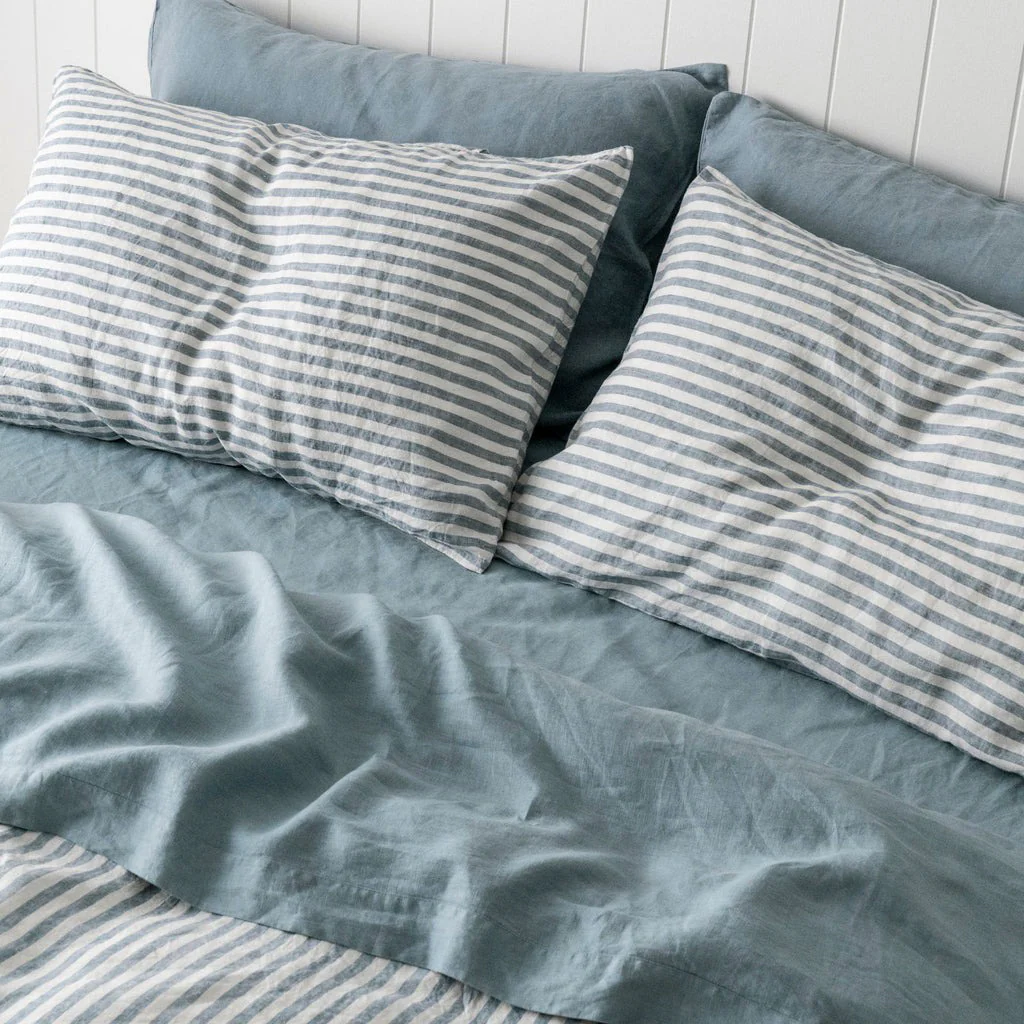 French Flax Linen Pillowcase Set in Marine Blue Stripe - Image 7