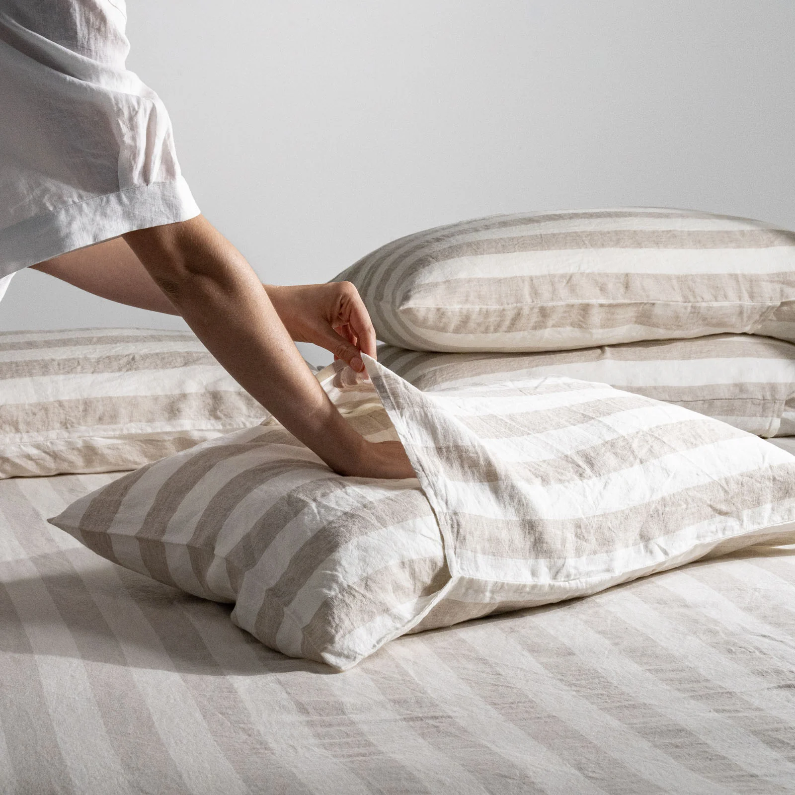 French Flax Linen Pillowcase Set in Natural Thick Stripe - Image 5