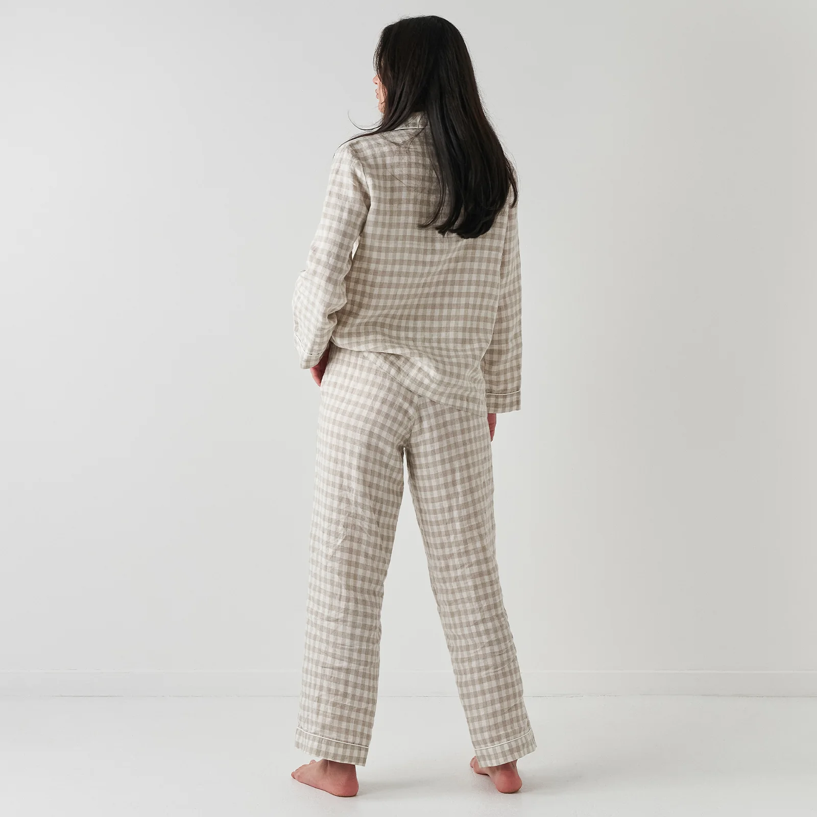 French Flax Linen Pyjama Set in Beige Gingham - Image 3