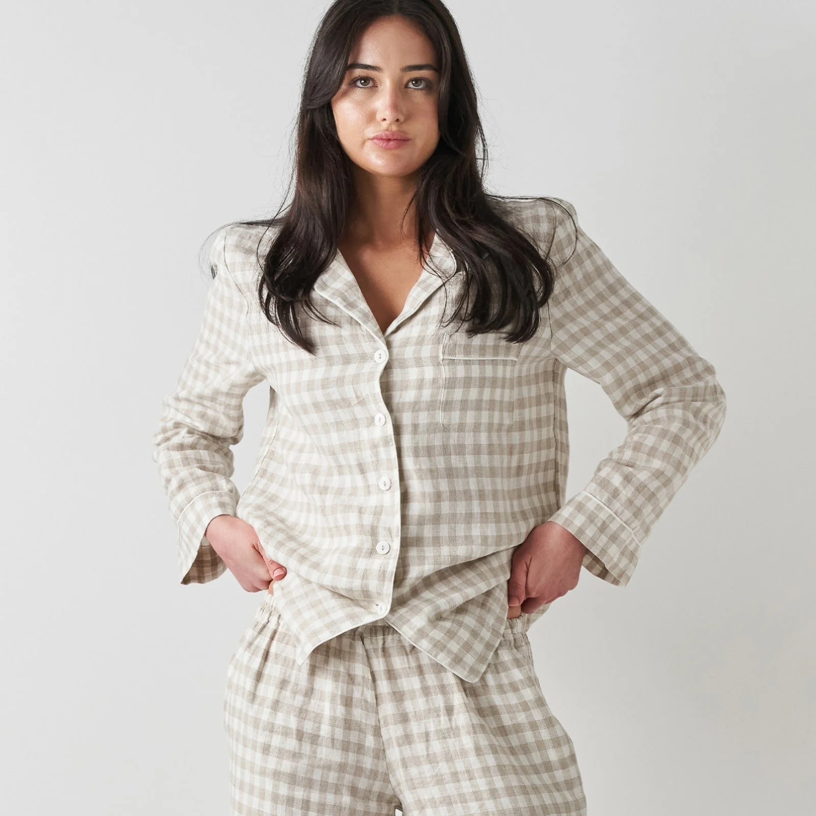 French Flax Linen Pyjama Set in Beige Gingham - Image 4