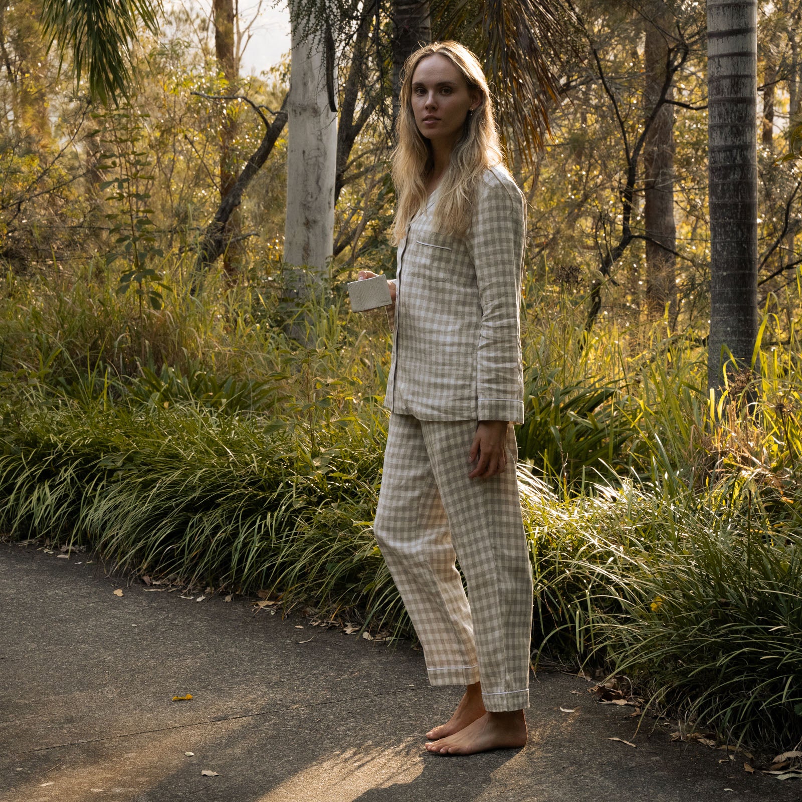 French Flax Linen Pyjama Set in Beige Gingham - Image 9