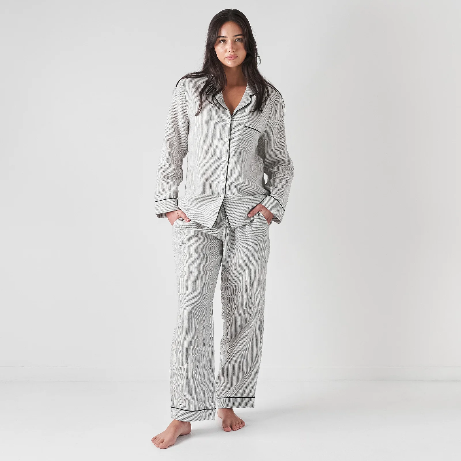 French Flax Linen Pyjama Set in Pinstripe - Image 2