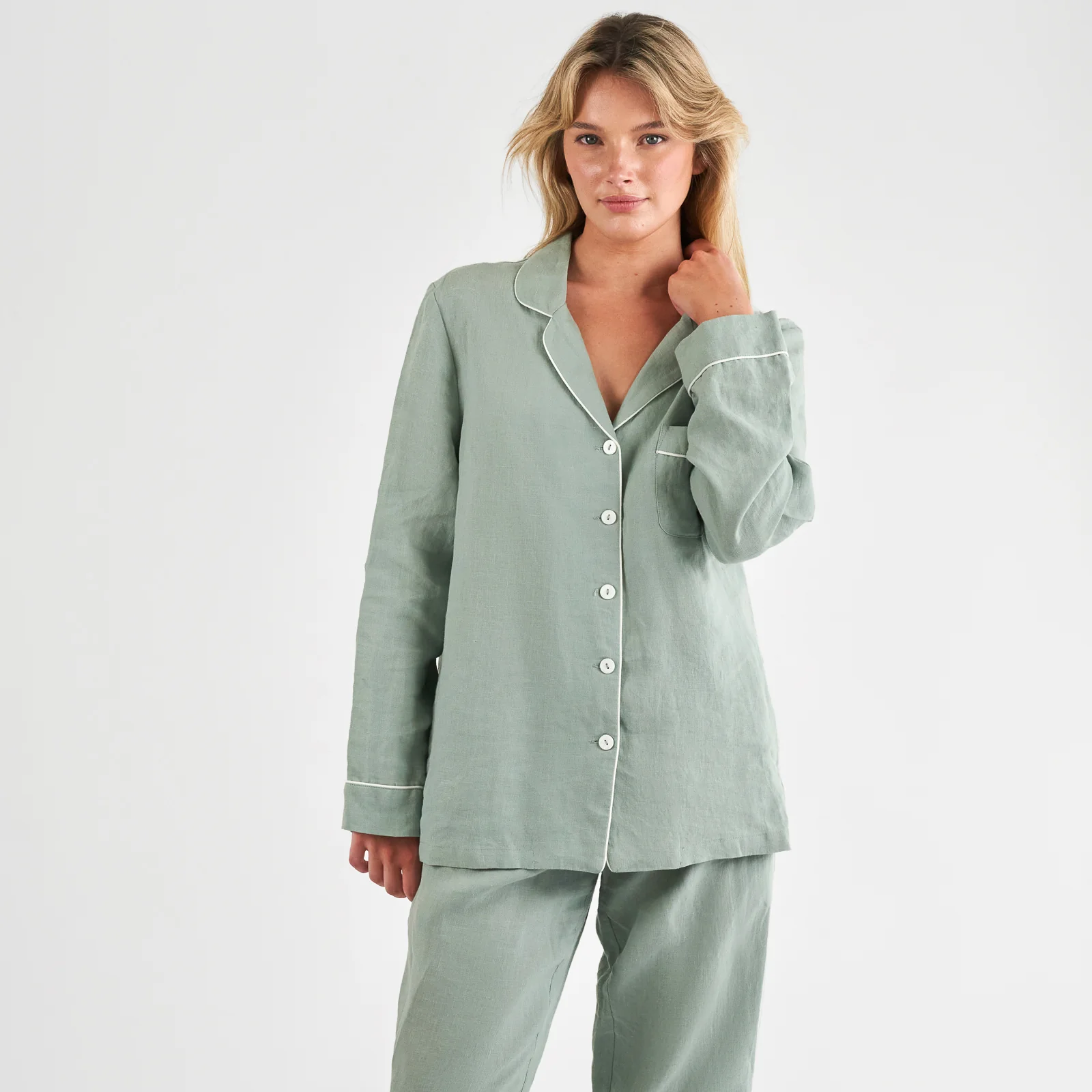 French Flax Linen Pyjama Set in Sage - Image 4