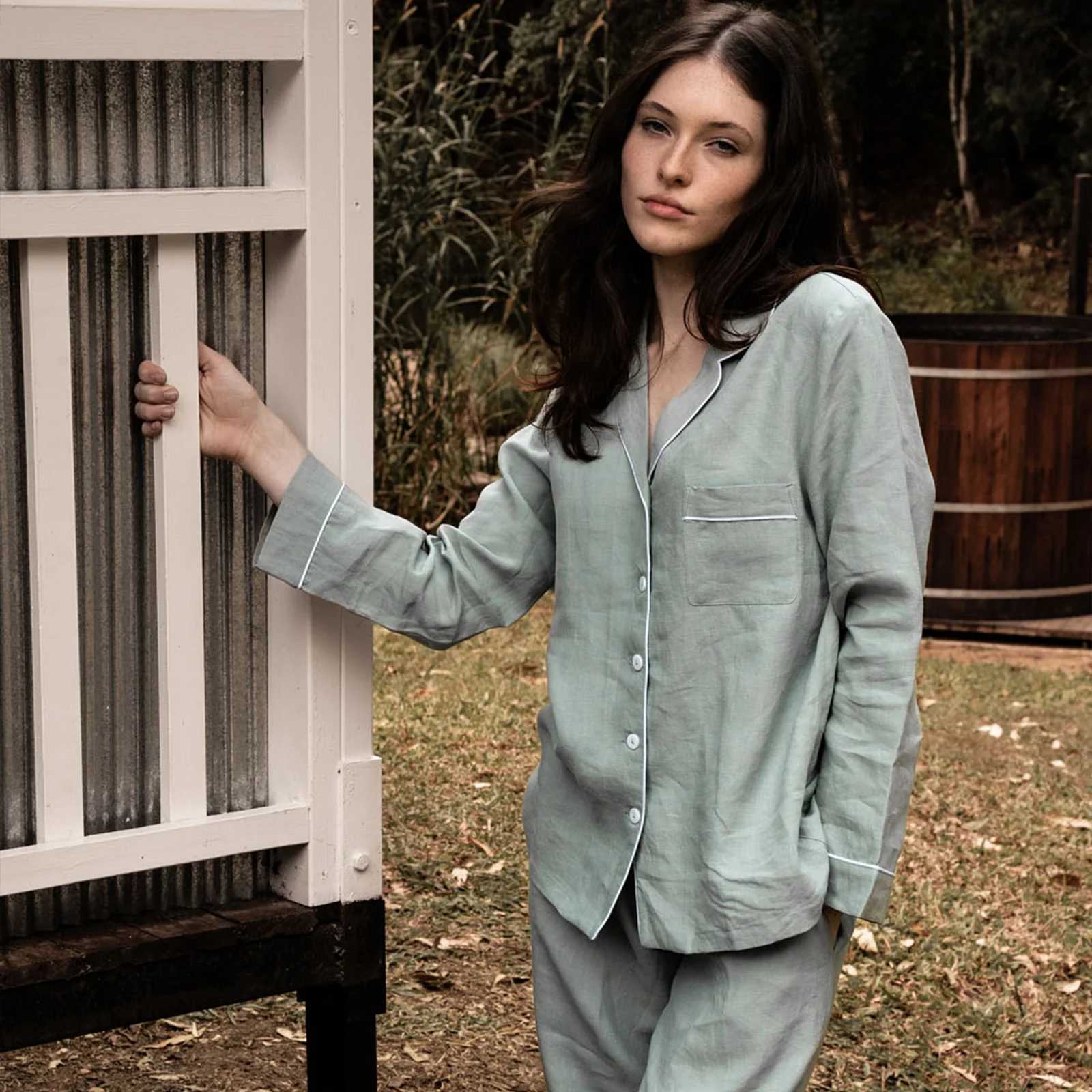 French Flax Linen Pyjama Set in Sage - Image 8