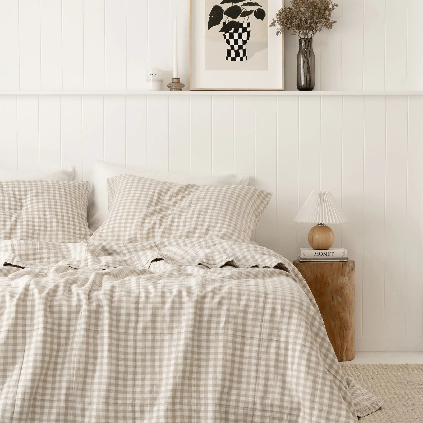 French Flax Linen Queen/King Quilted Coverlet in Beige Gingham - Image 2