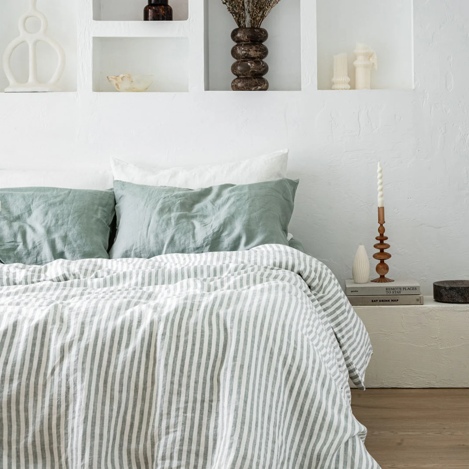 French Flax Linen Quilt Cover Set in Sage Stripe - Image 10