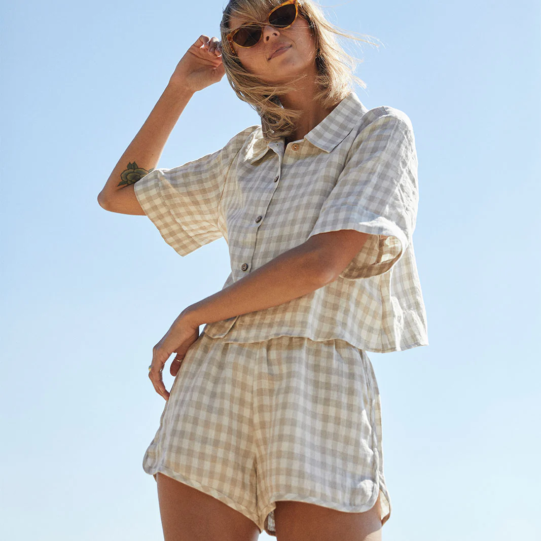 French Flax Linen Relaxed Short in Beige Gingham - Image 7