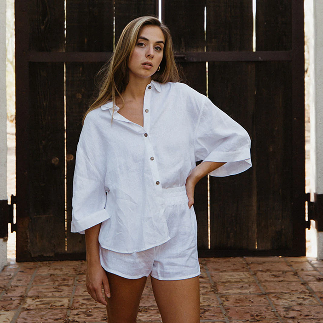 French Flax Linen Relaxed Short in White - Image 10
