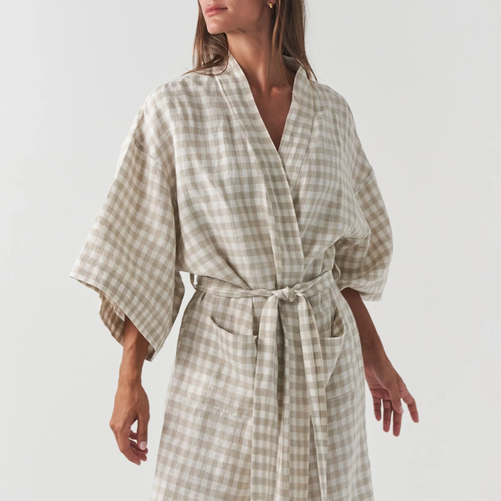 French Flax Linen Robe in Beige Gingham - Image 4