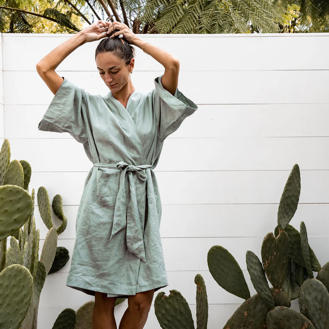 French Flax Linen Robe in Sage - Image 8