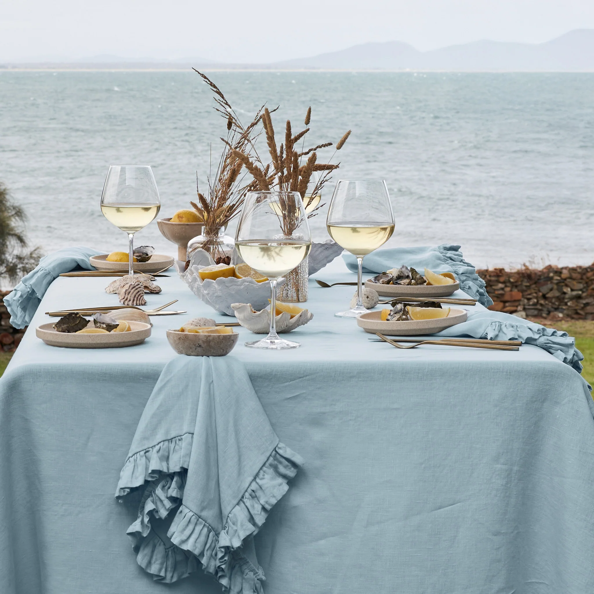 French Flax Linen Ruffles Table Cloth in Sky Blue - Image 11
