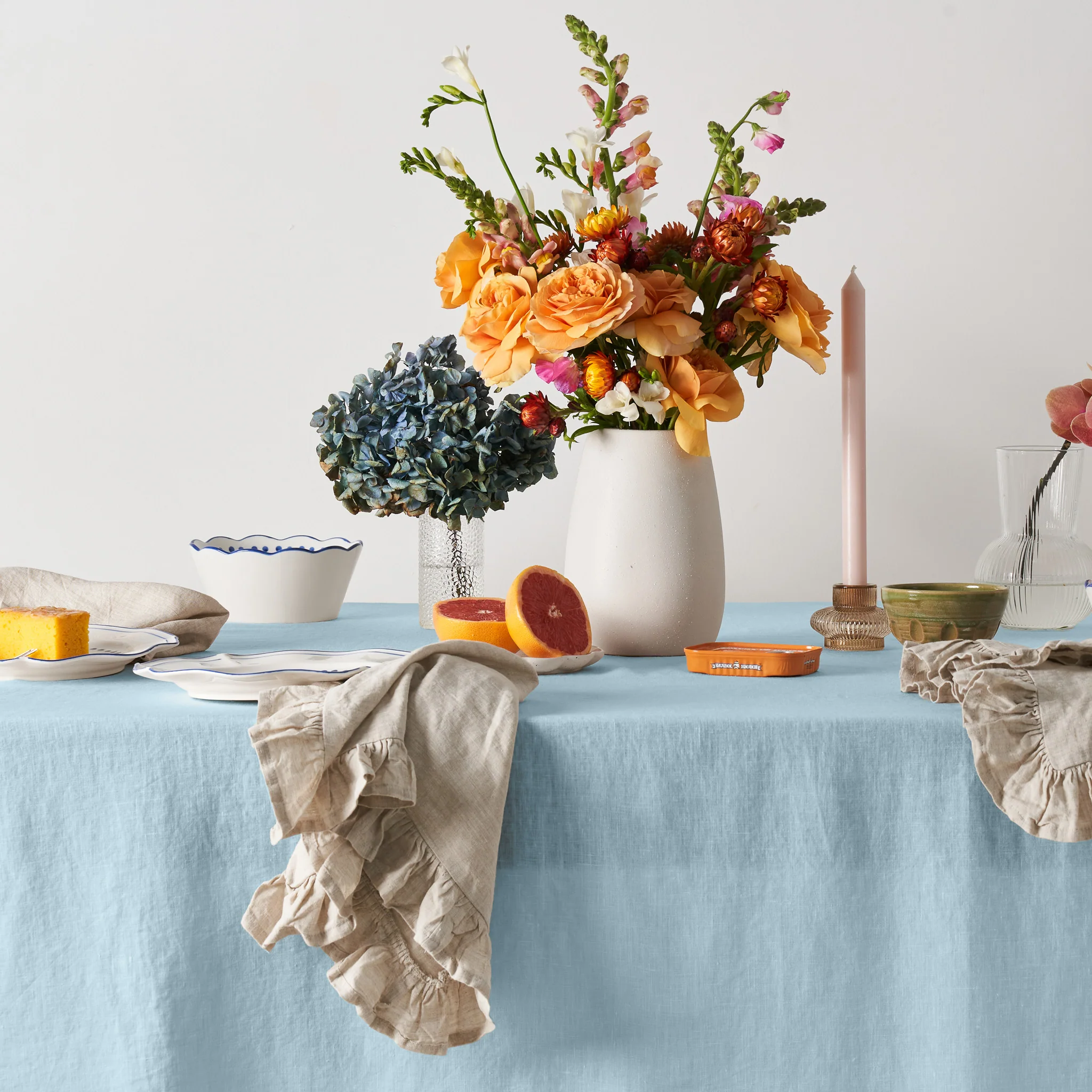 French Flax Linen Ruffles Table Cloth in Sky Blue - Image 3