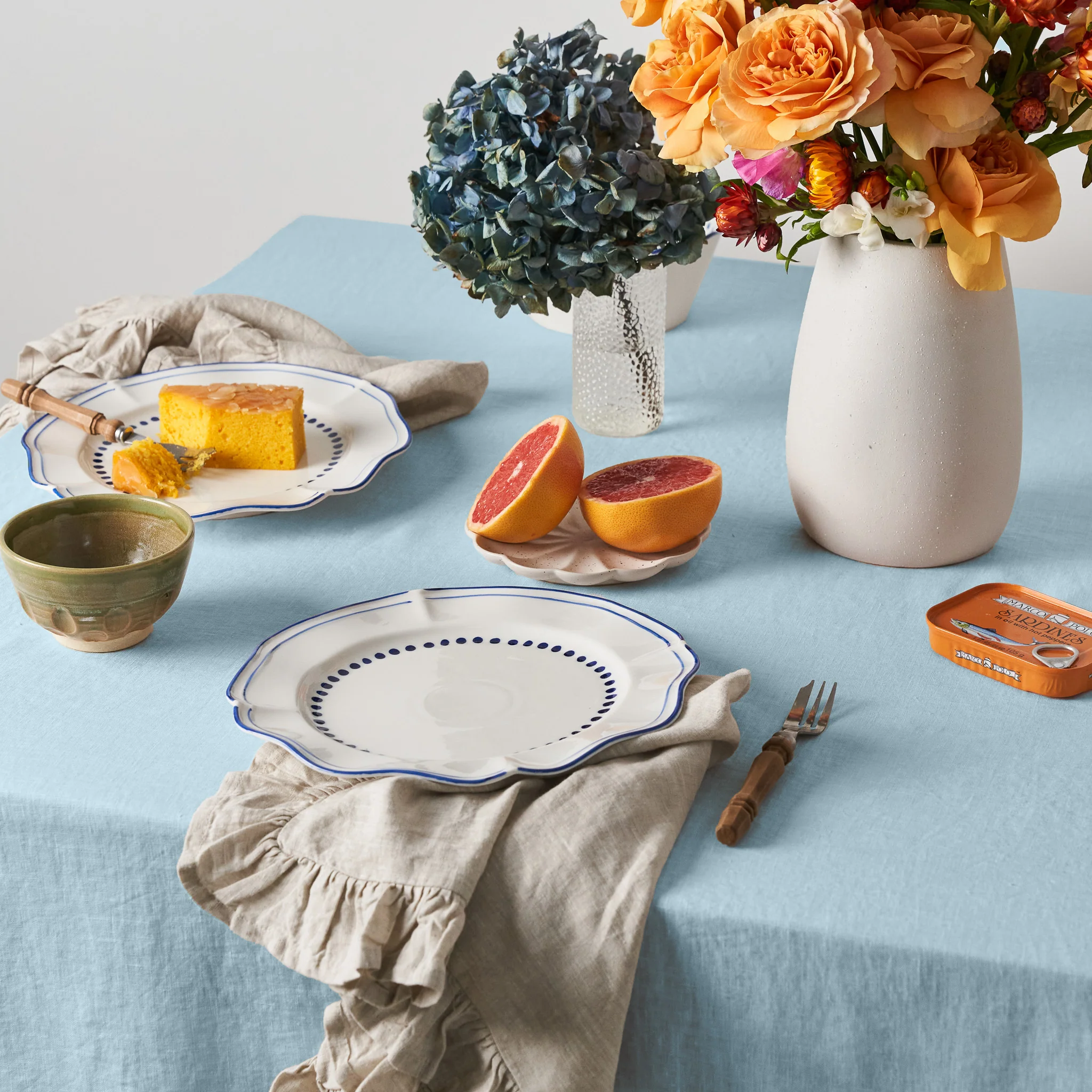 French Flax Linen Ruffles Table Cloth in Sky Blue - Image 5