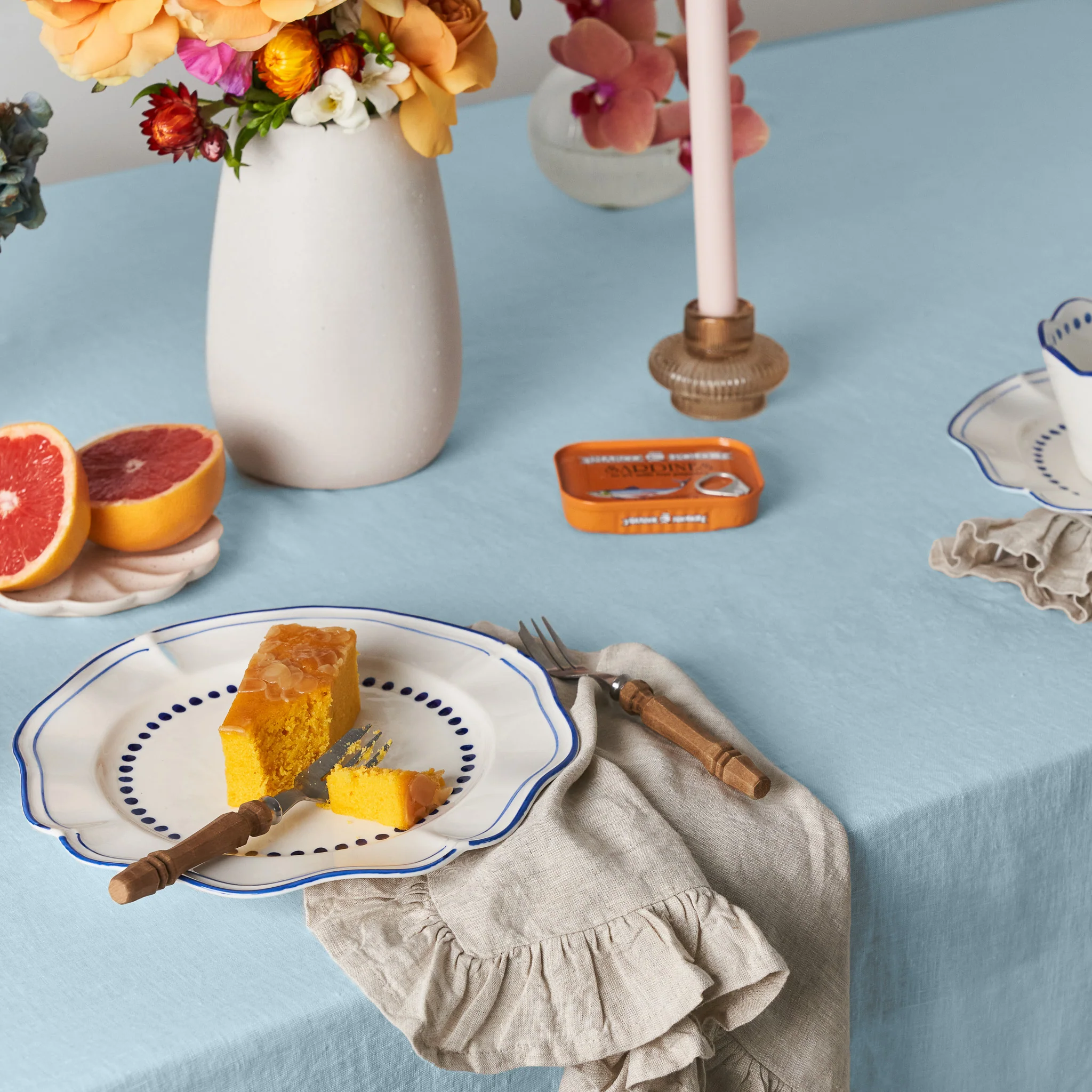 French Flax Linen Ruffles Table Cloth in Sky Blue - Image 6