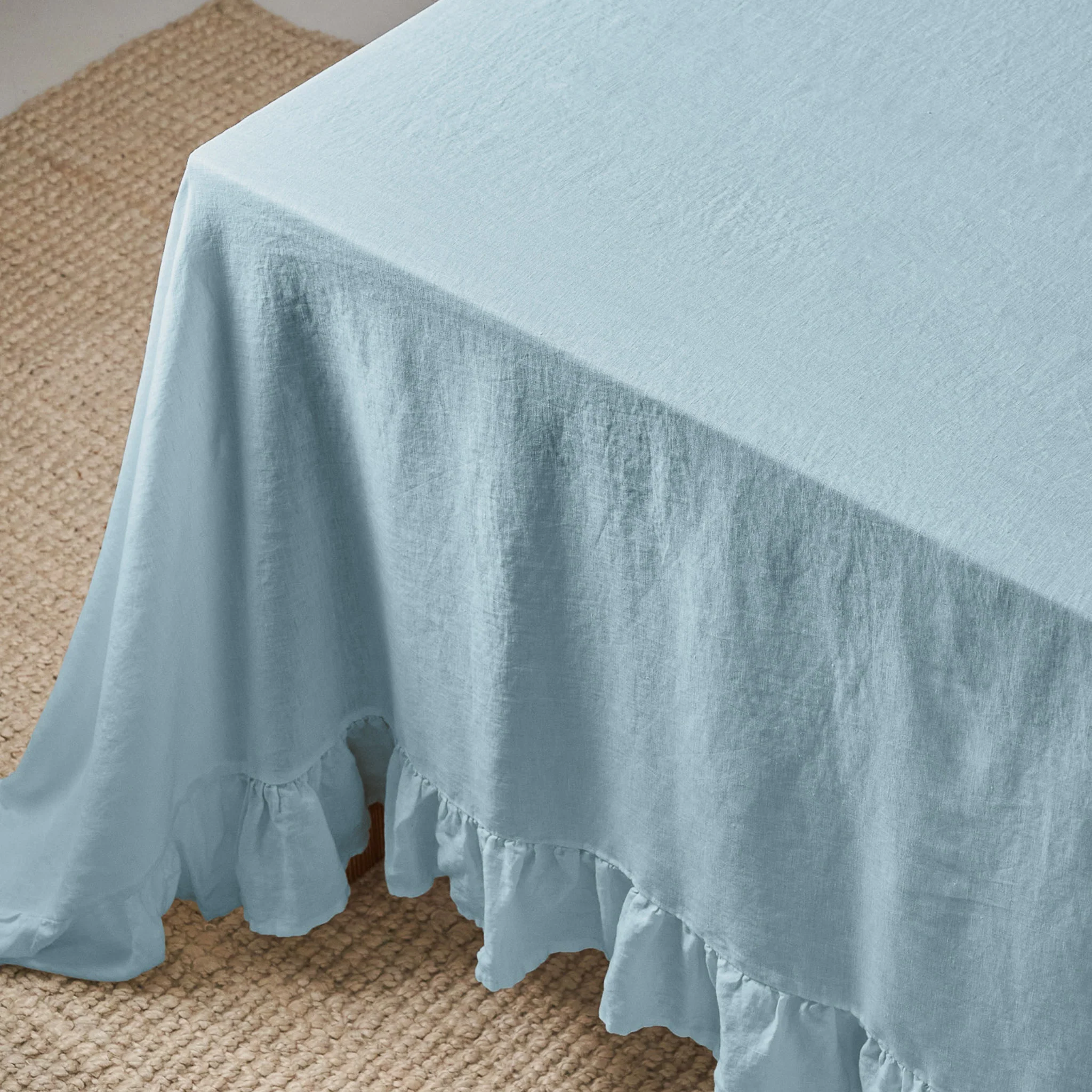 French Flax Linen Ruffles Table Cloth in Sky Blue - Image 7
