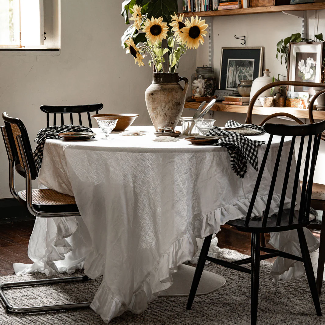French Flax Linen Ruffles Table Cloth in White - Image 6