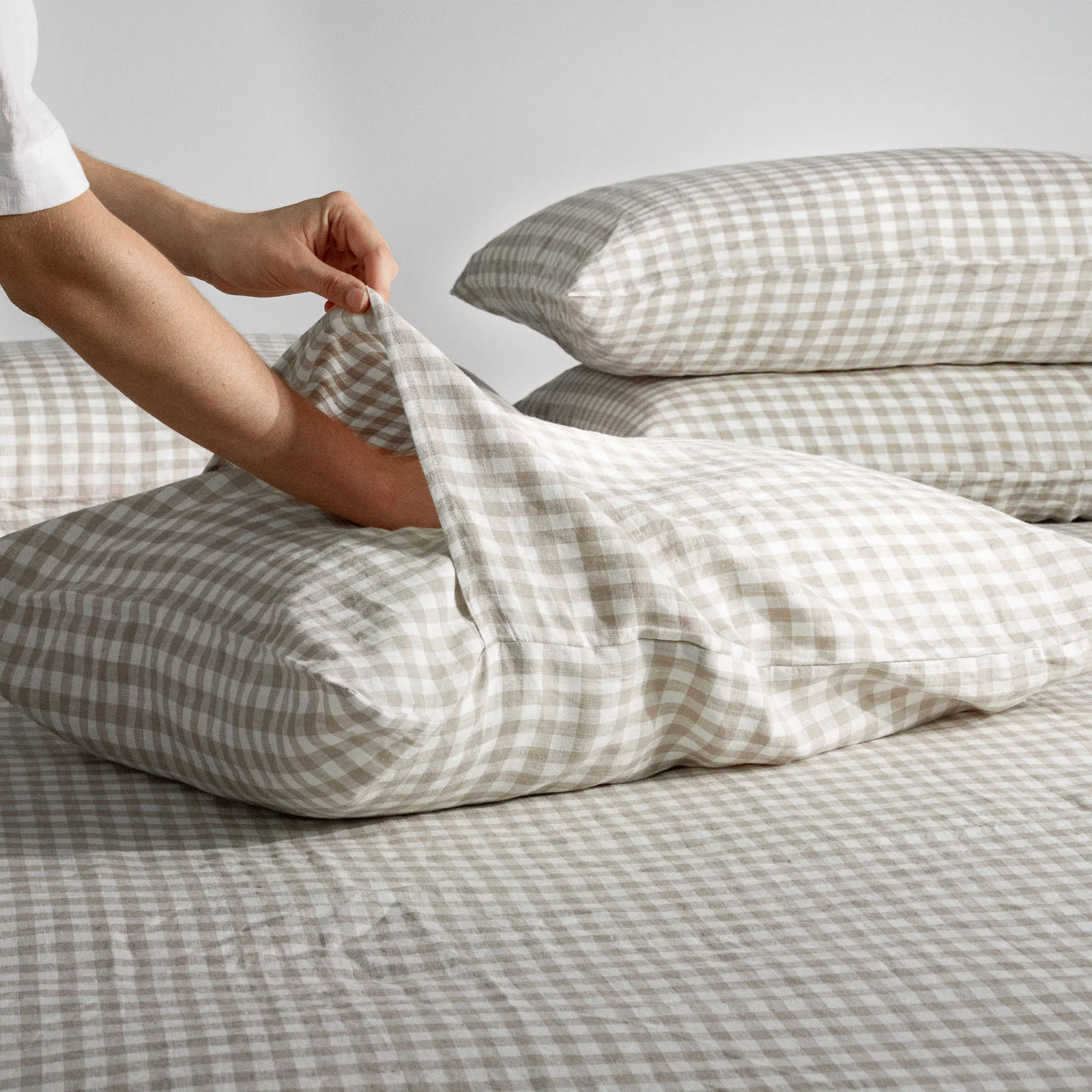 French Flax Linen Sheet Set in Beige Gingham - Image 10