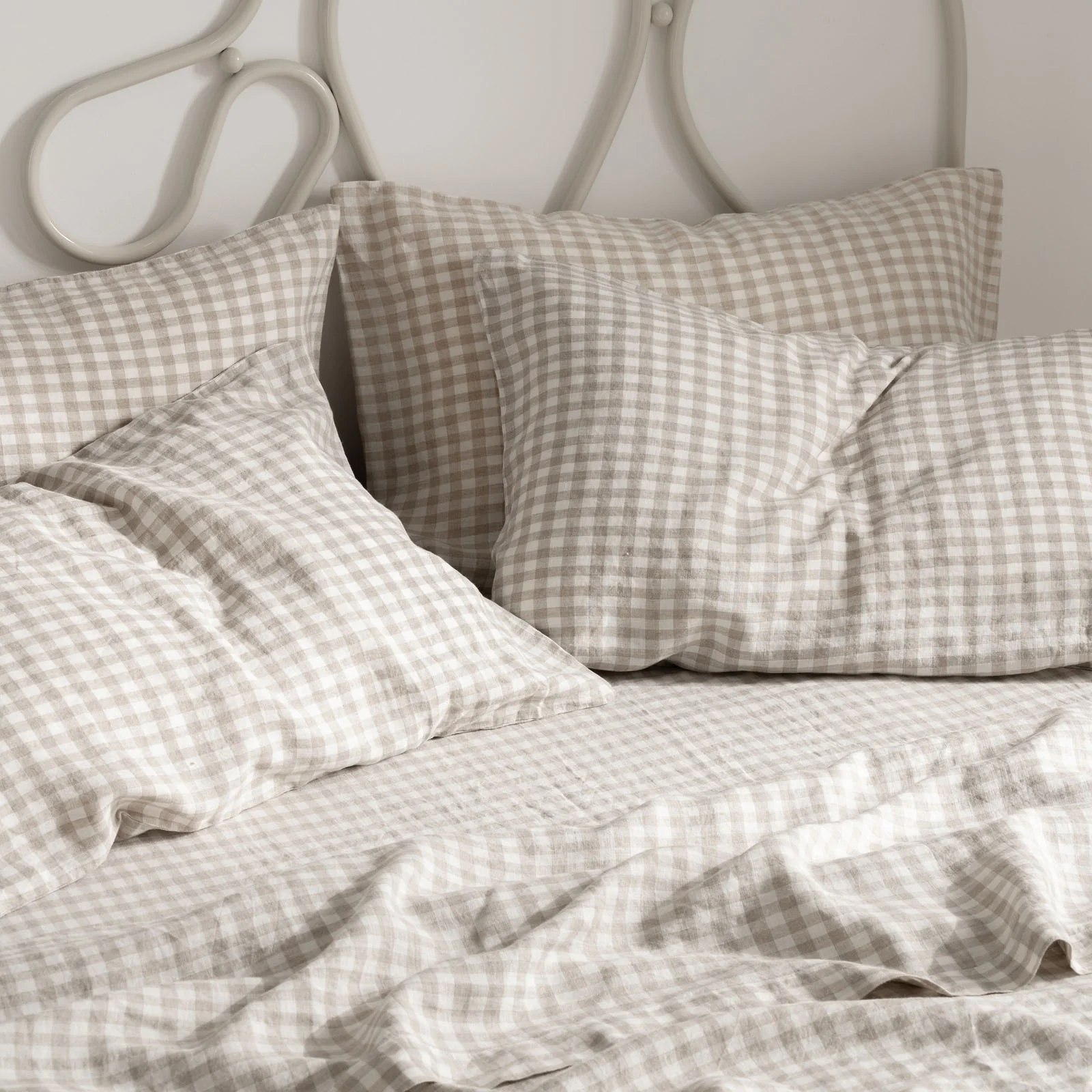 French Flax Linen Sheet Set in Beige Gingham - Image 5
